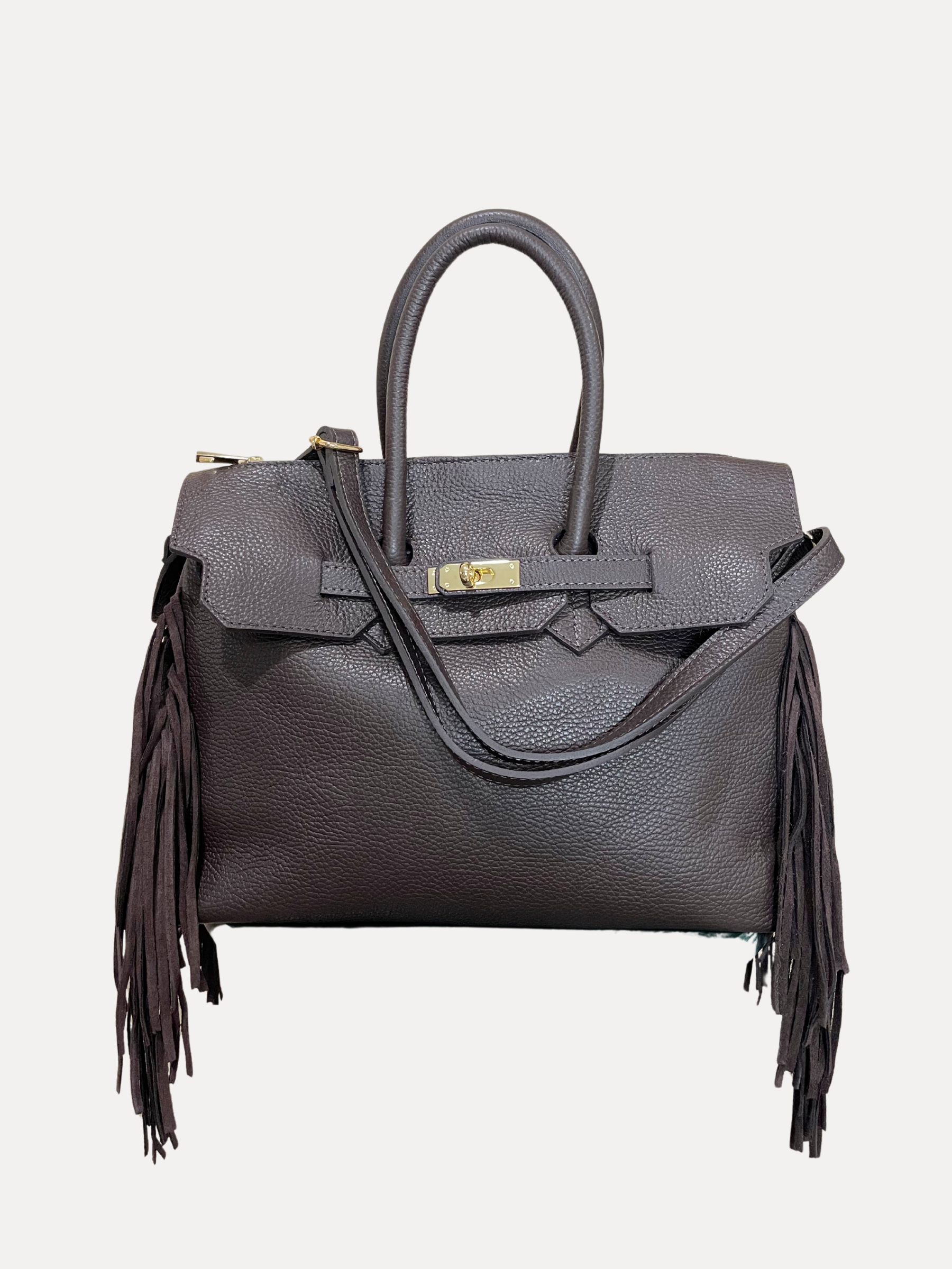 GOLDxTEAL Timeless pebbled leather fringe handbag. Made in Italy.