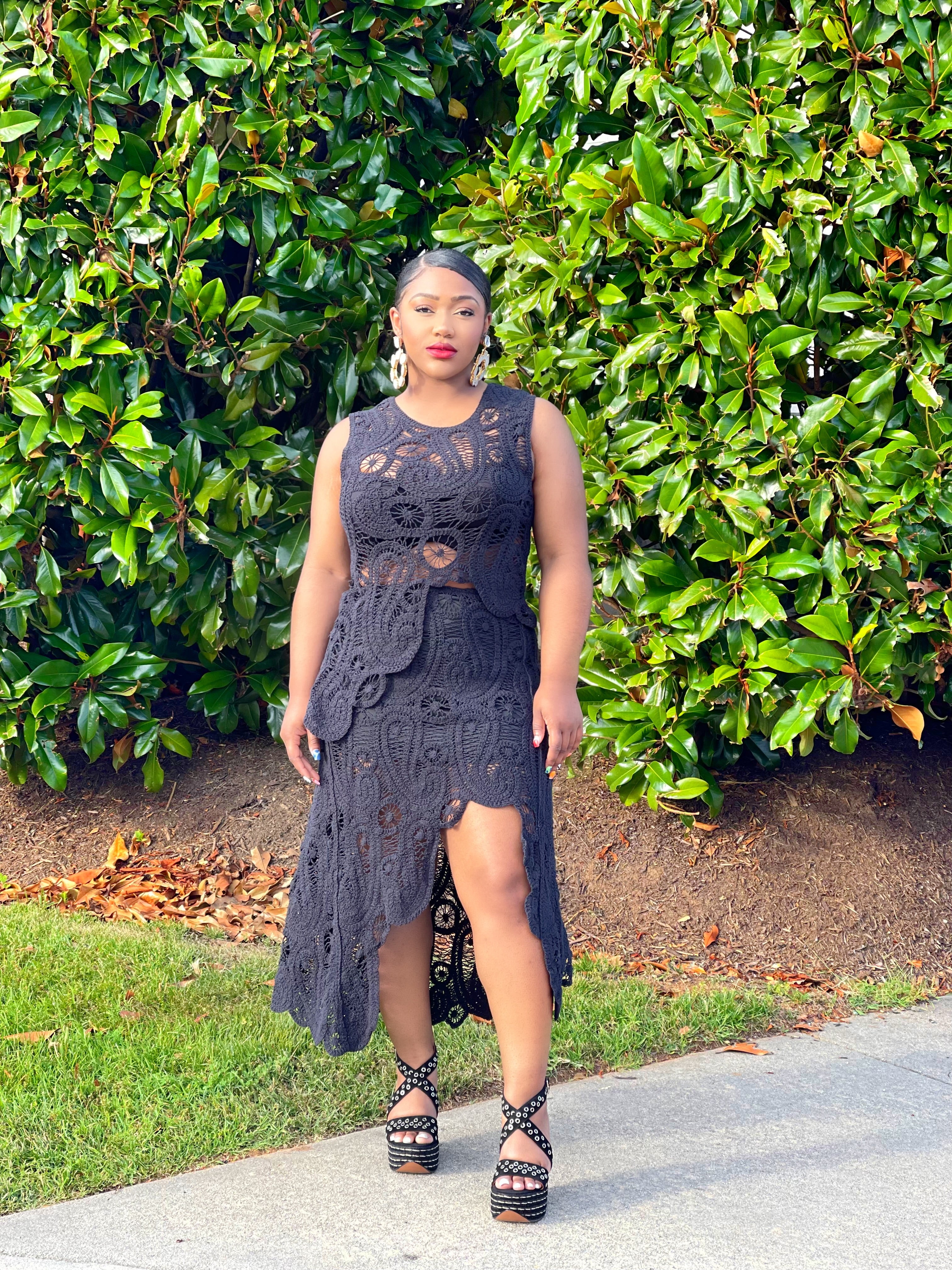 GOLDxTEAL crochet asymmetrical skirt set. Stylish black knitted vacation skirt set.