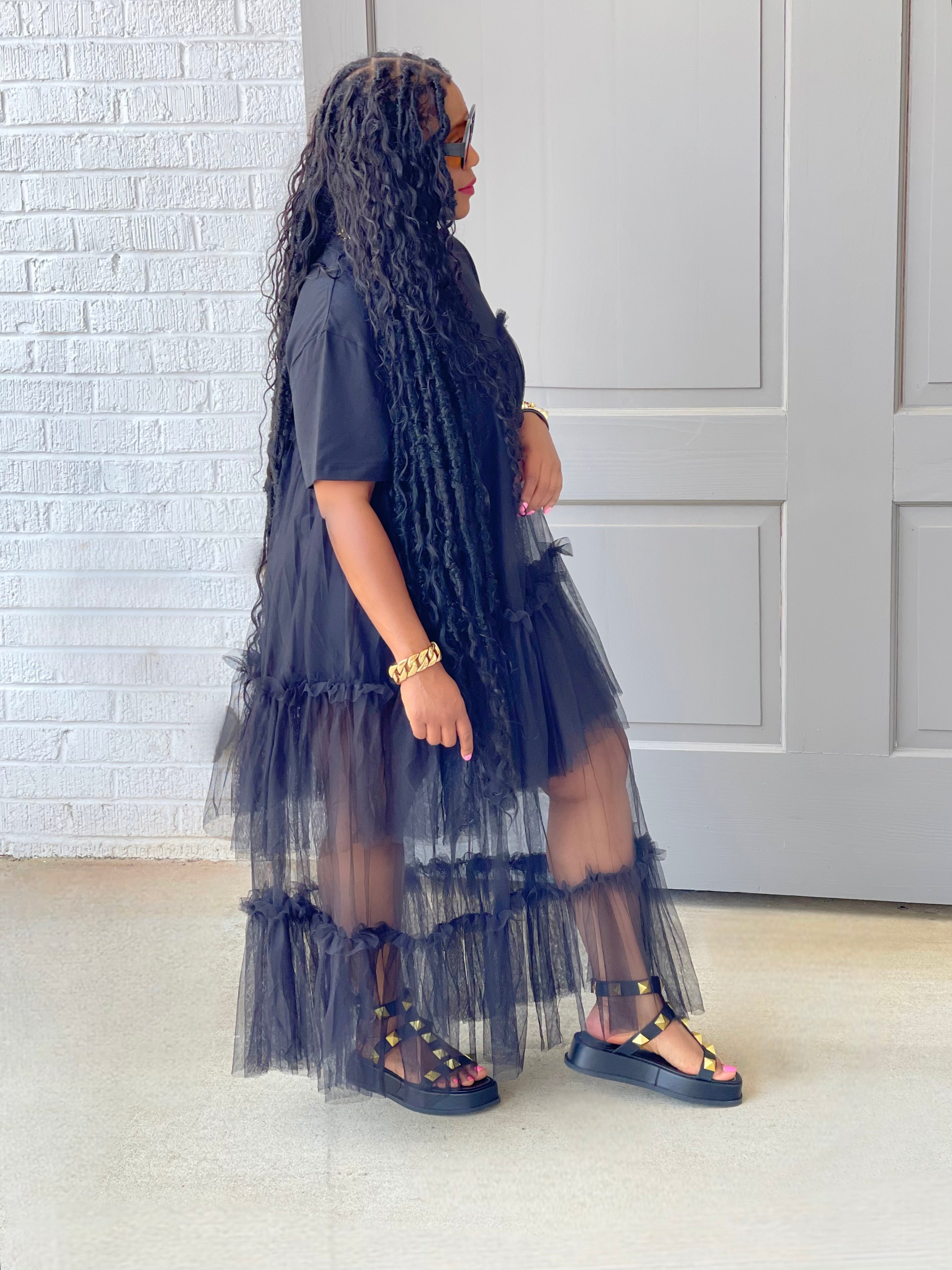 GOLDxTEAL Black Tulle T-shirt Dress.