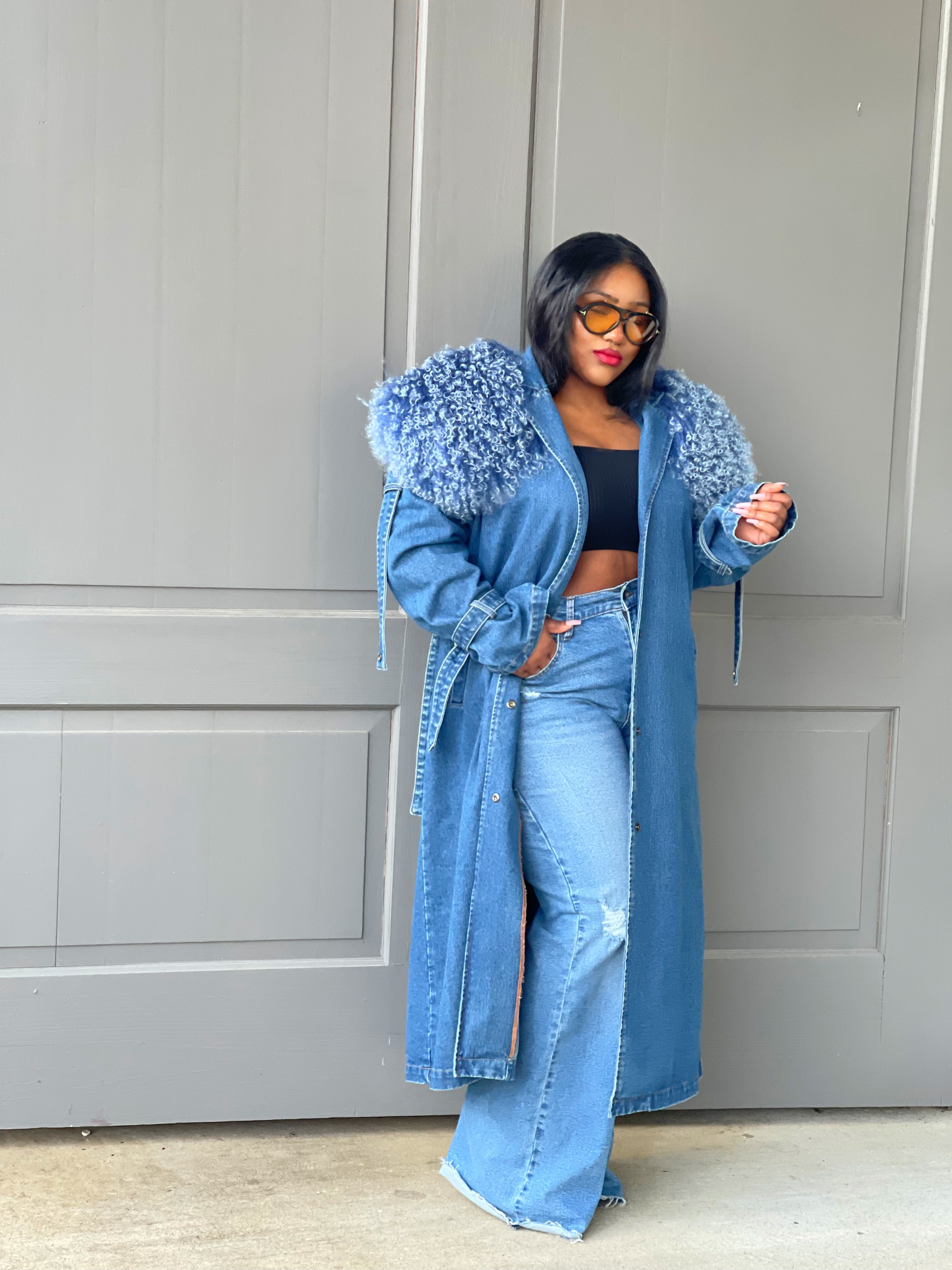 GOLDxTEAL denim fur trench coat.