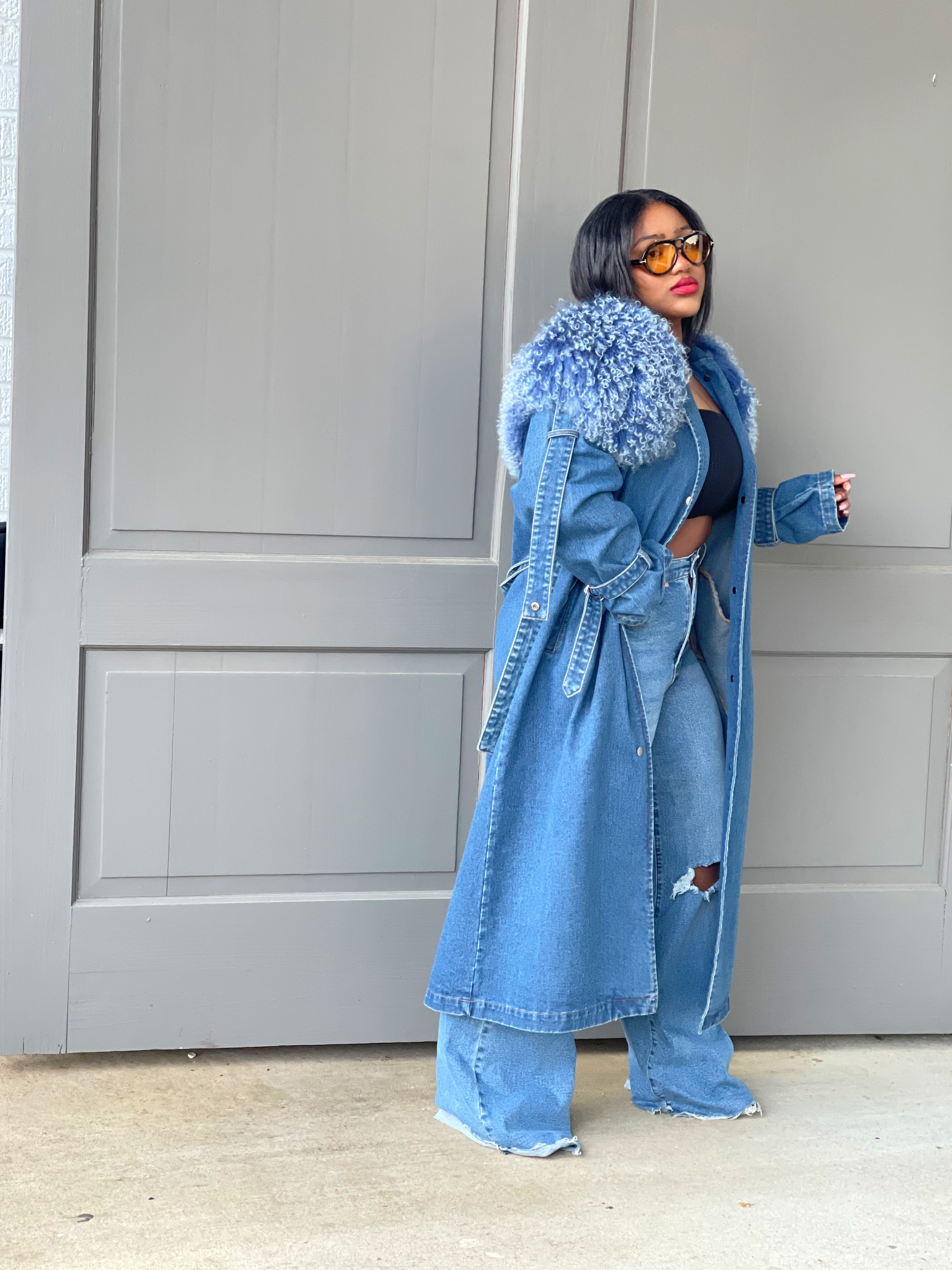 GOLDxTEAL denim fur trench coat.