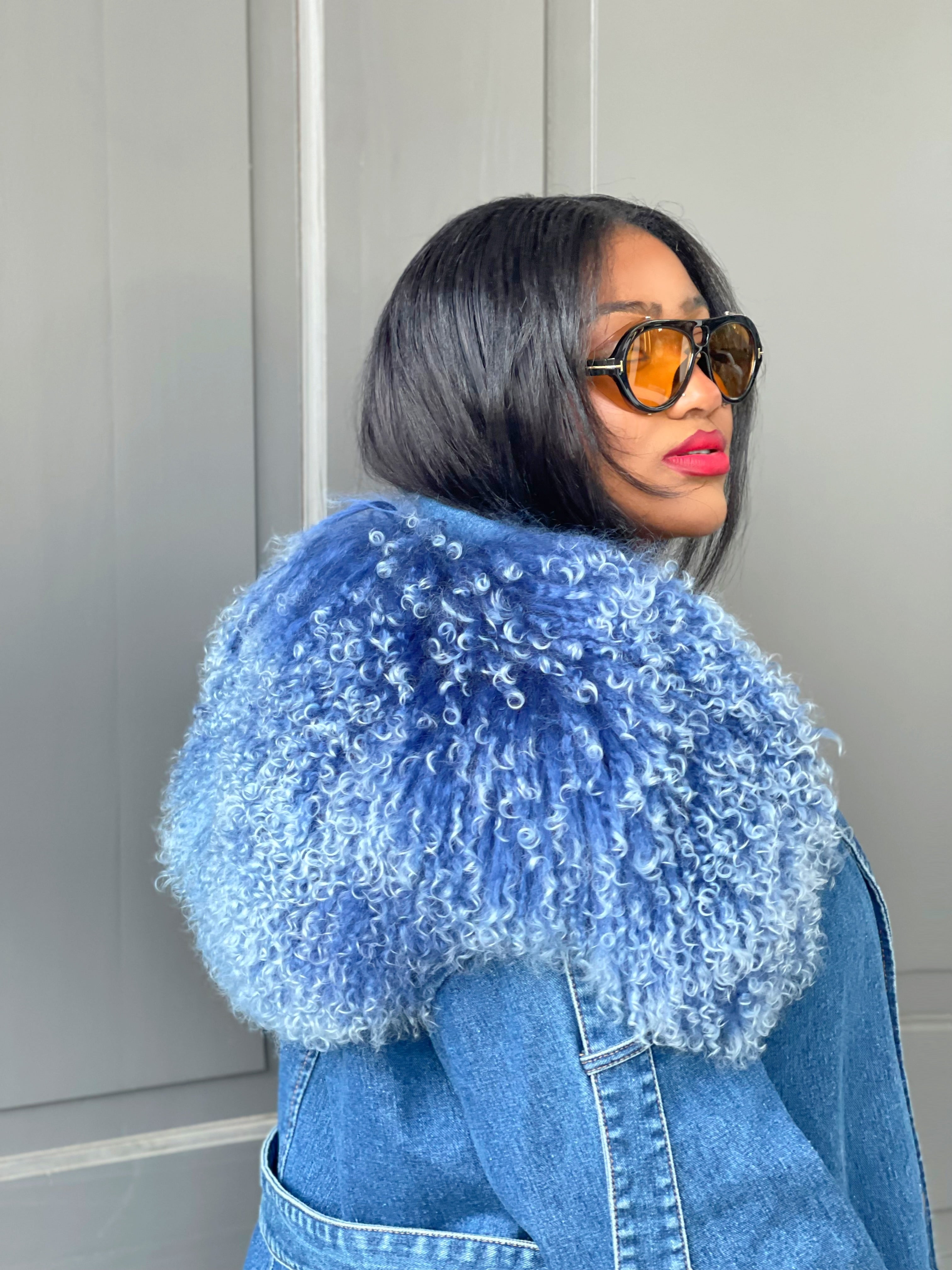 GOLDxTEAL denim fur trench coat.