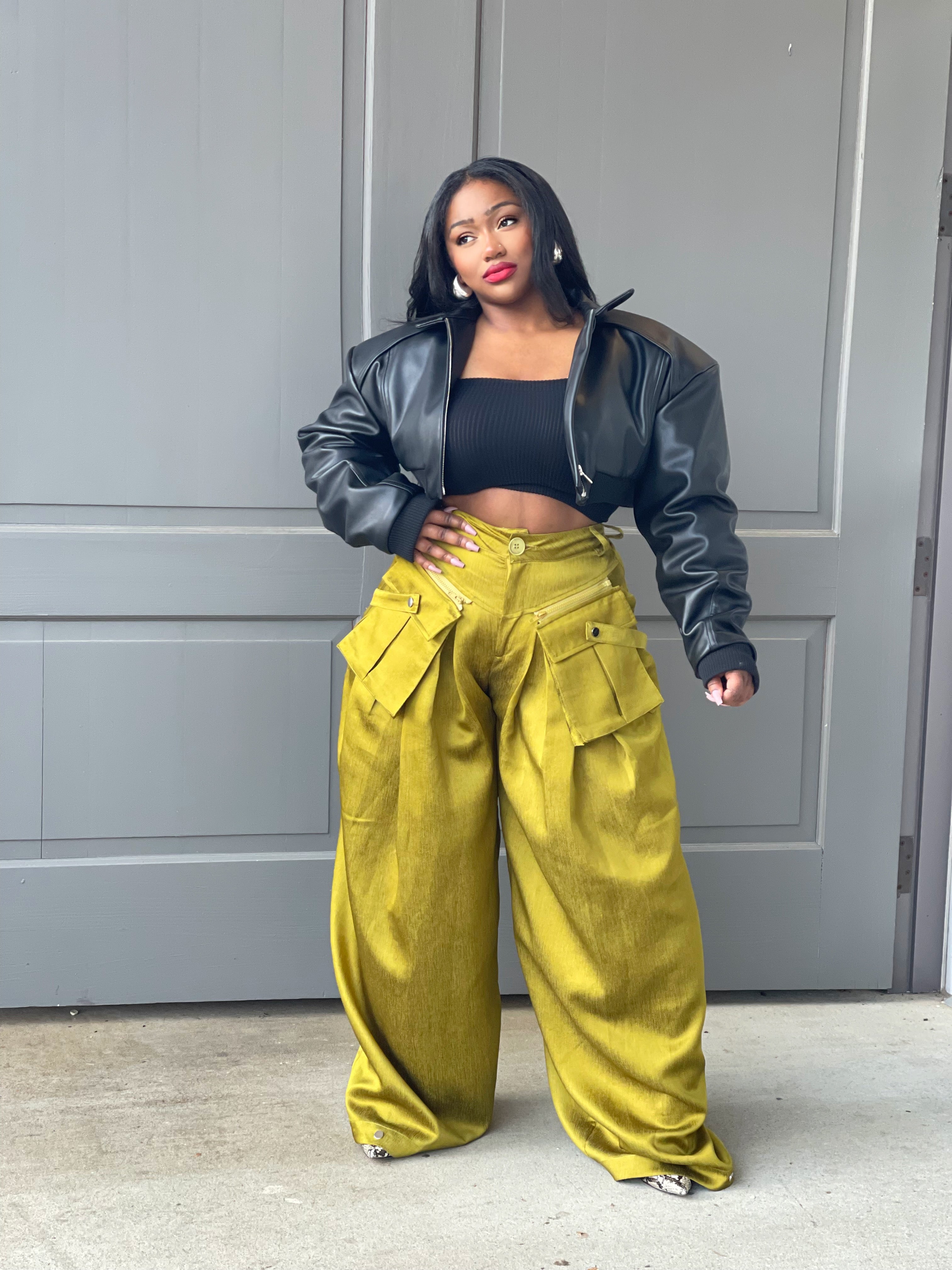 GOLDxTEAL vegan leather crop jacket.