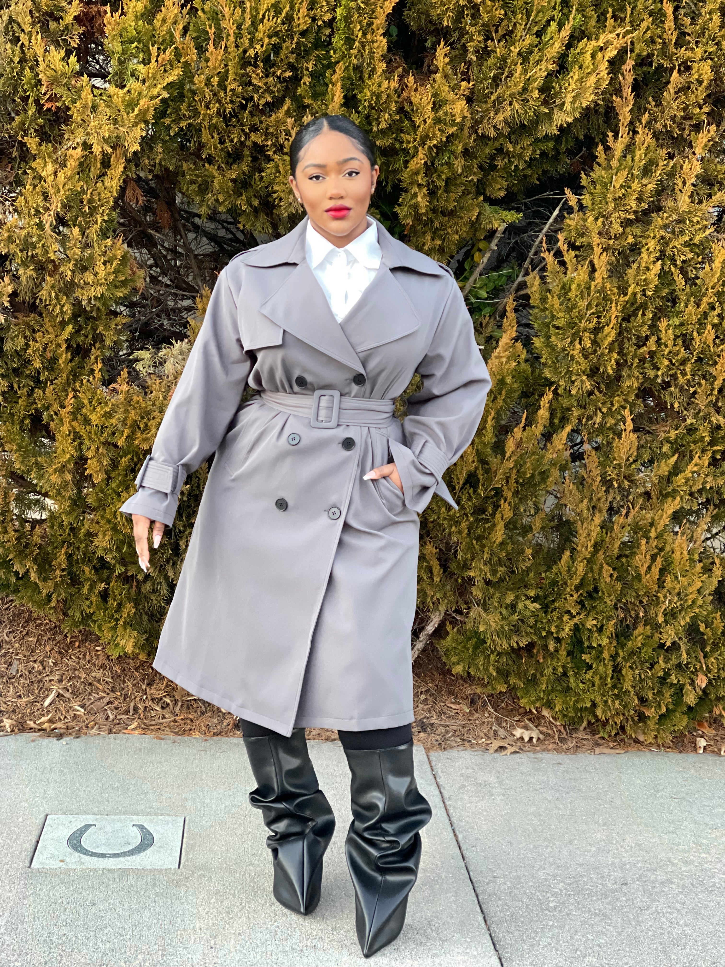 GOLDxTEAL designer gray trench coat.