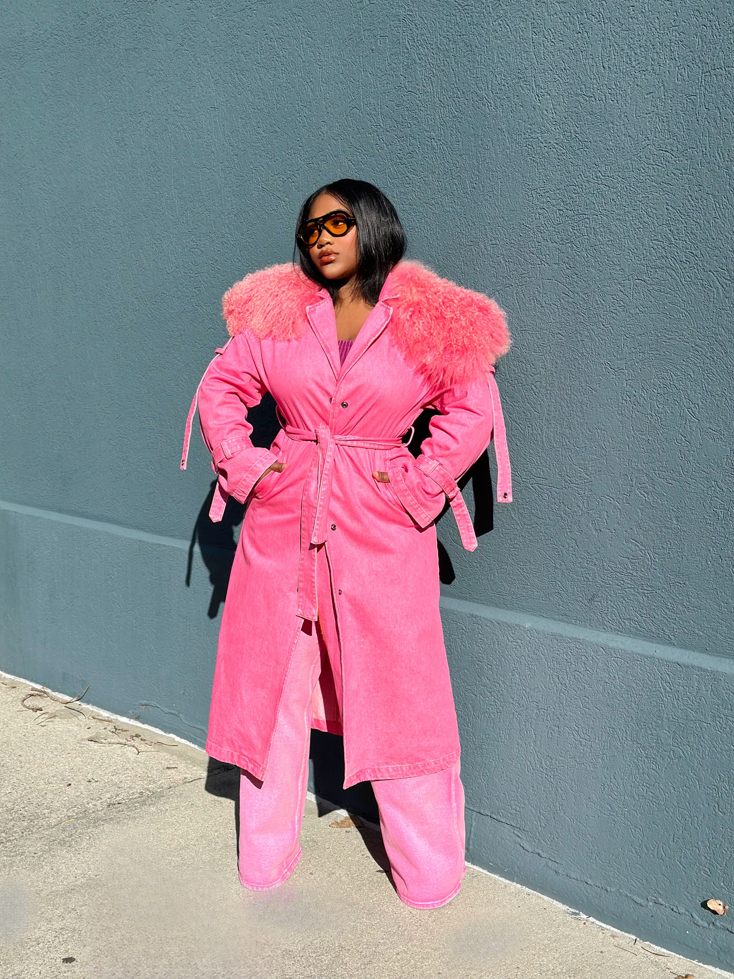GOLDxTEAL pink denim fur trench coat.