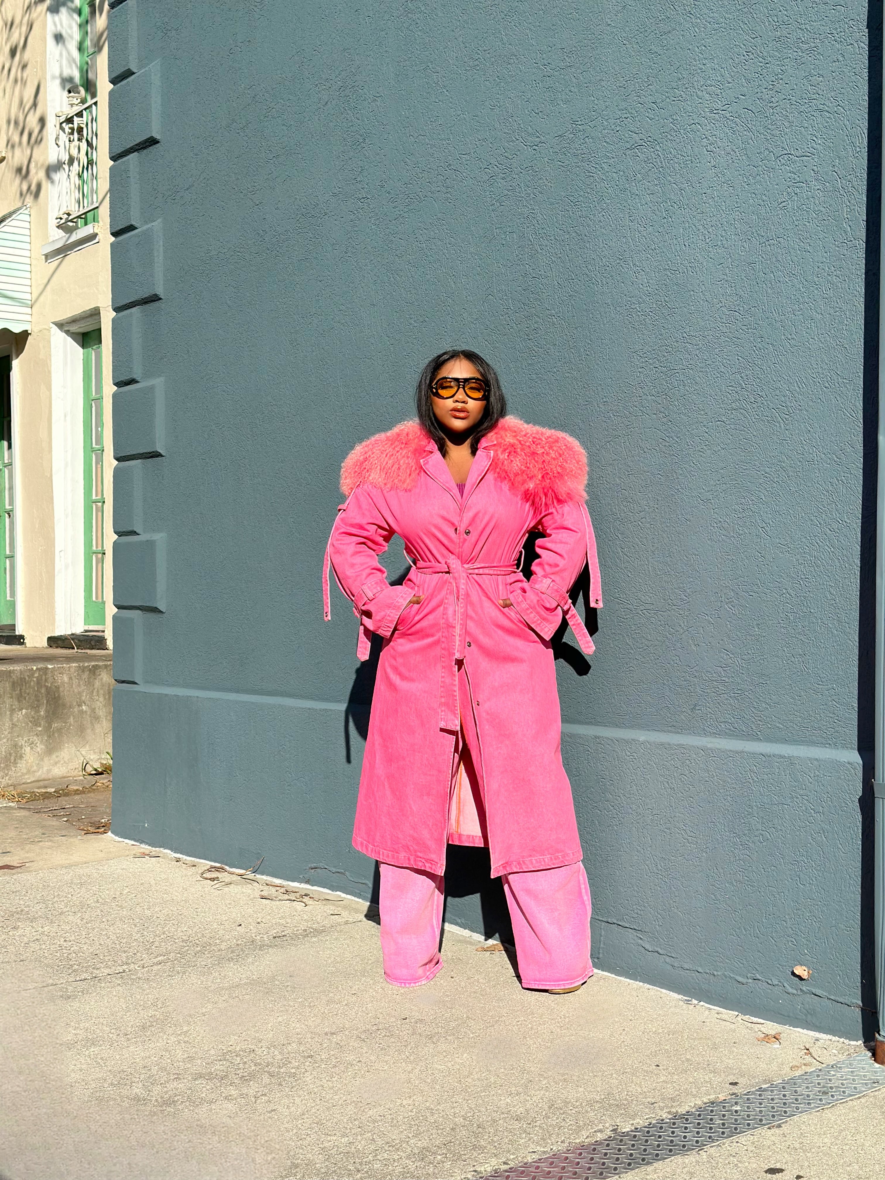 GOLDxTEAL pink denim fur trench coat.