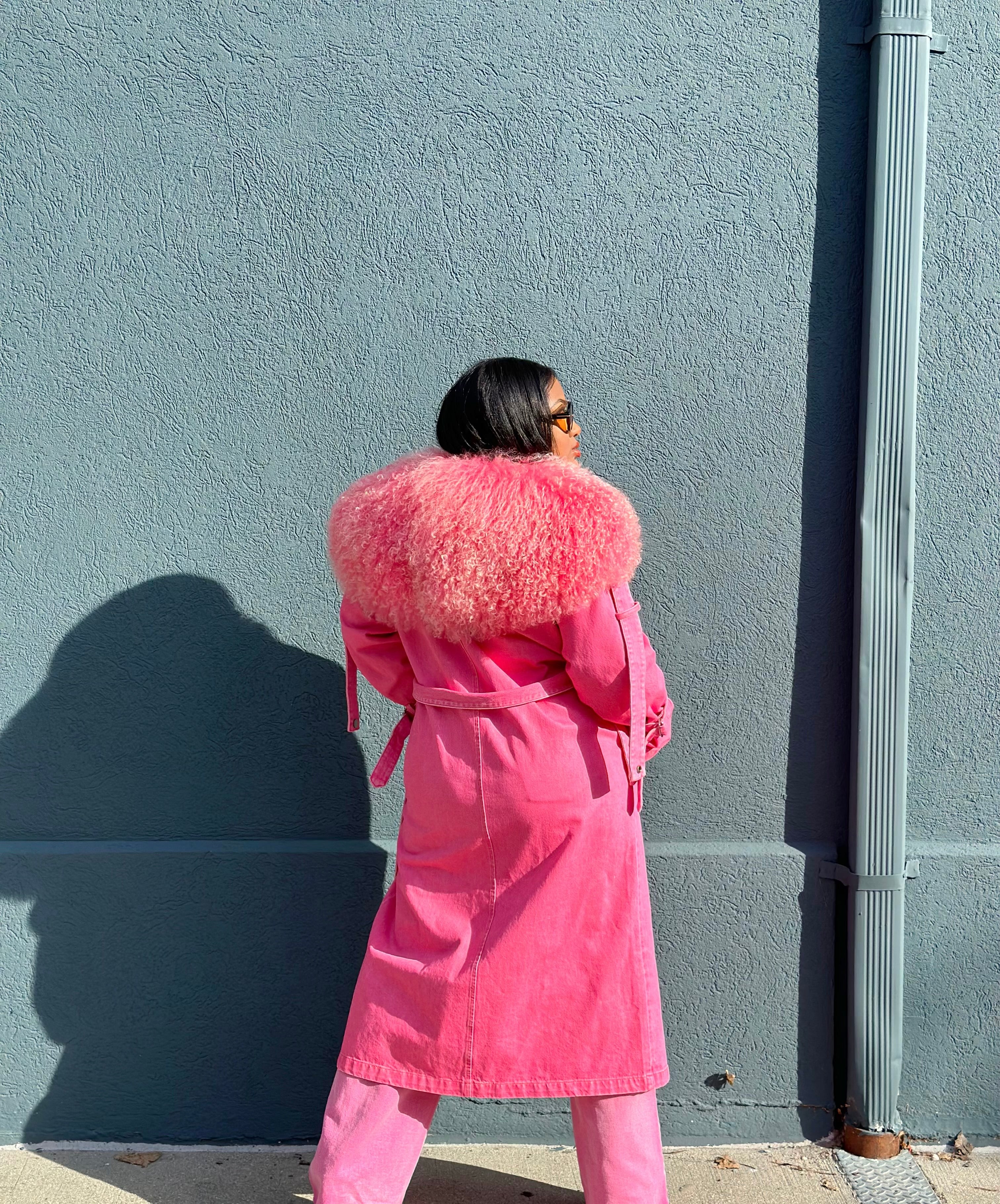 GOLDxTEAL pink denim fur trench coat.