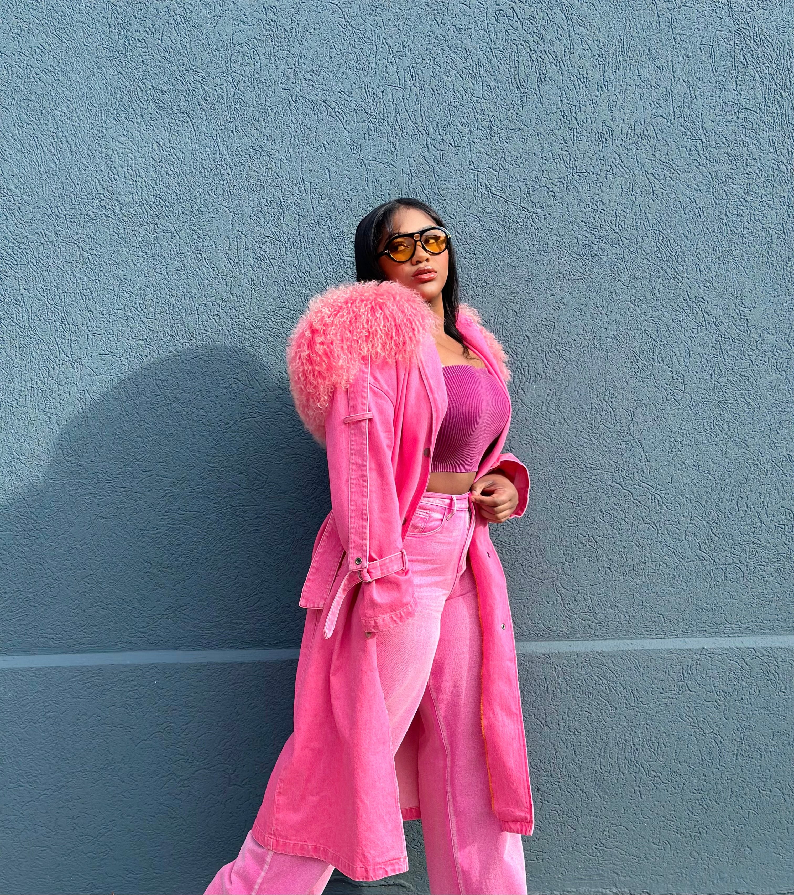 GOLDxTEAL pink denim fur trench coat.