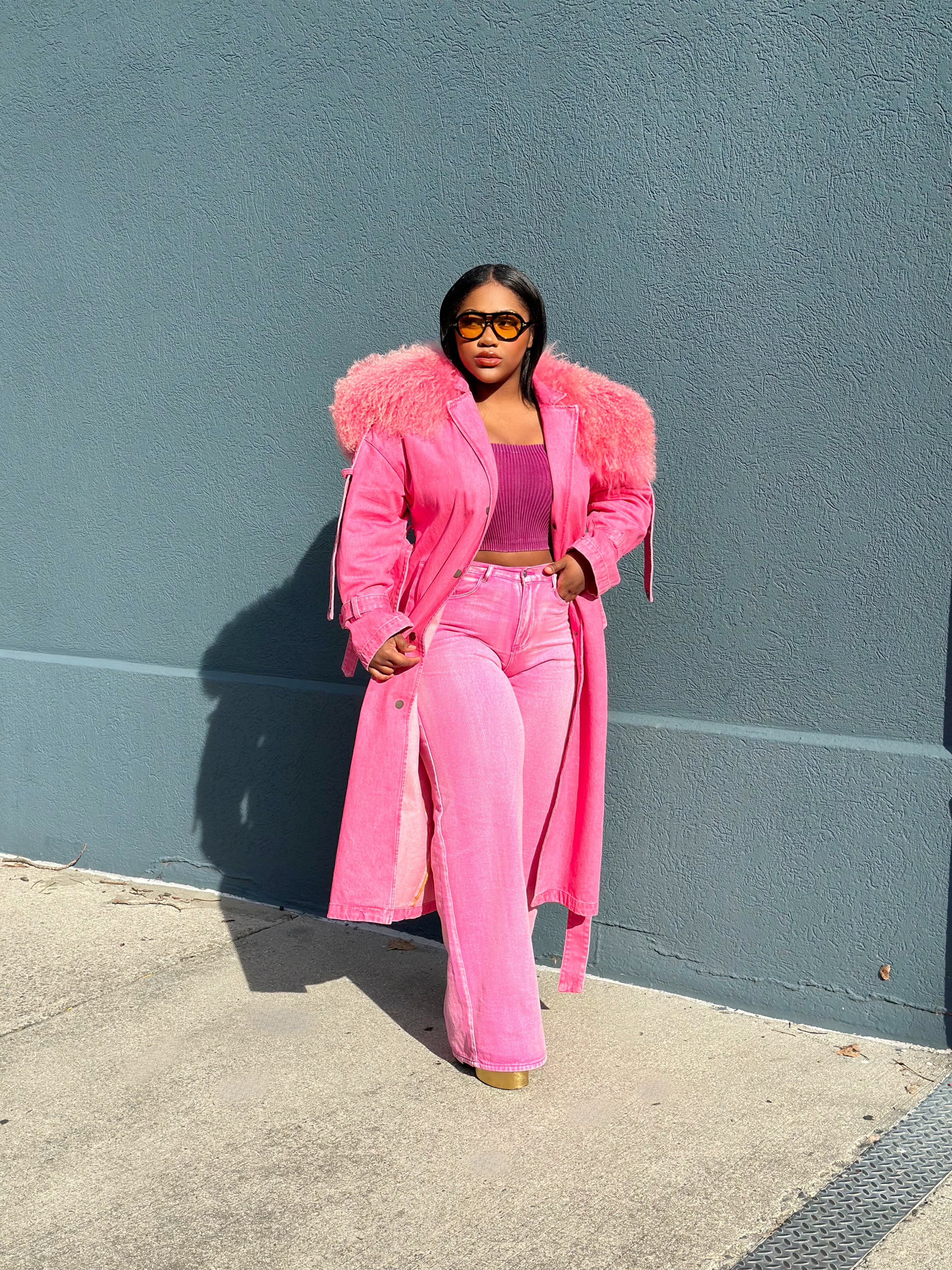 GOLDxTEAL pink denim fur trench coat.