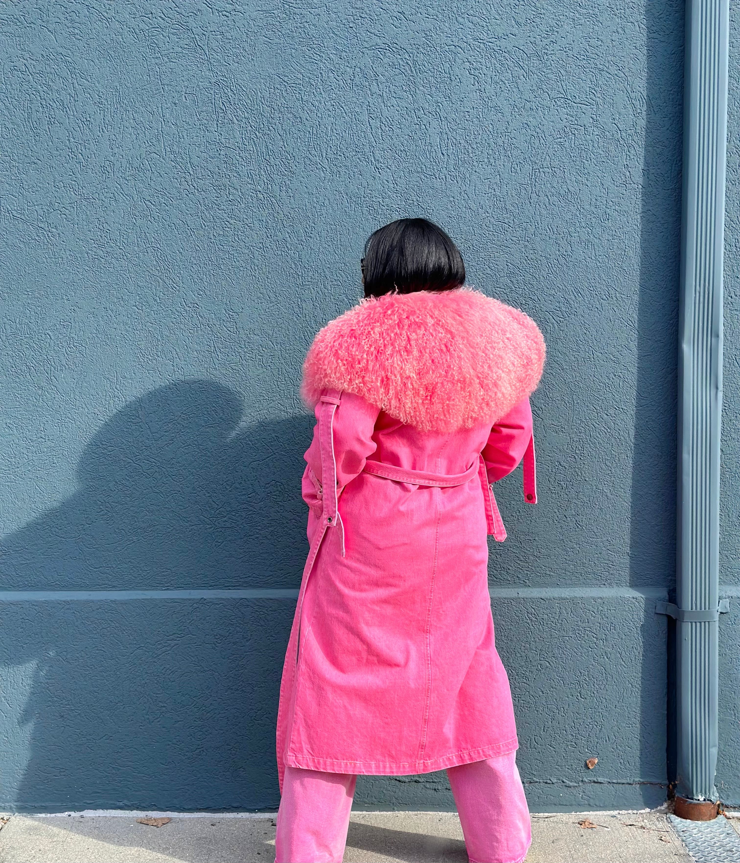 GOLDxTEAL pink denim fur trench coat.
