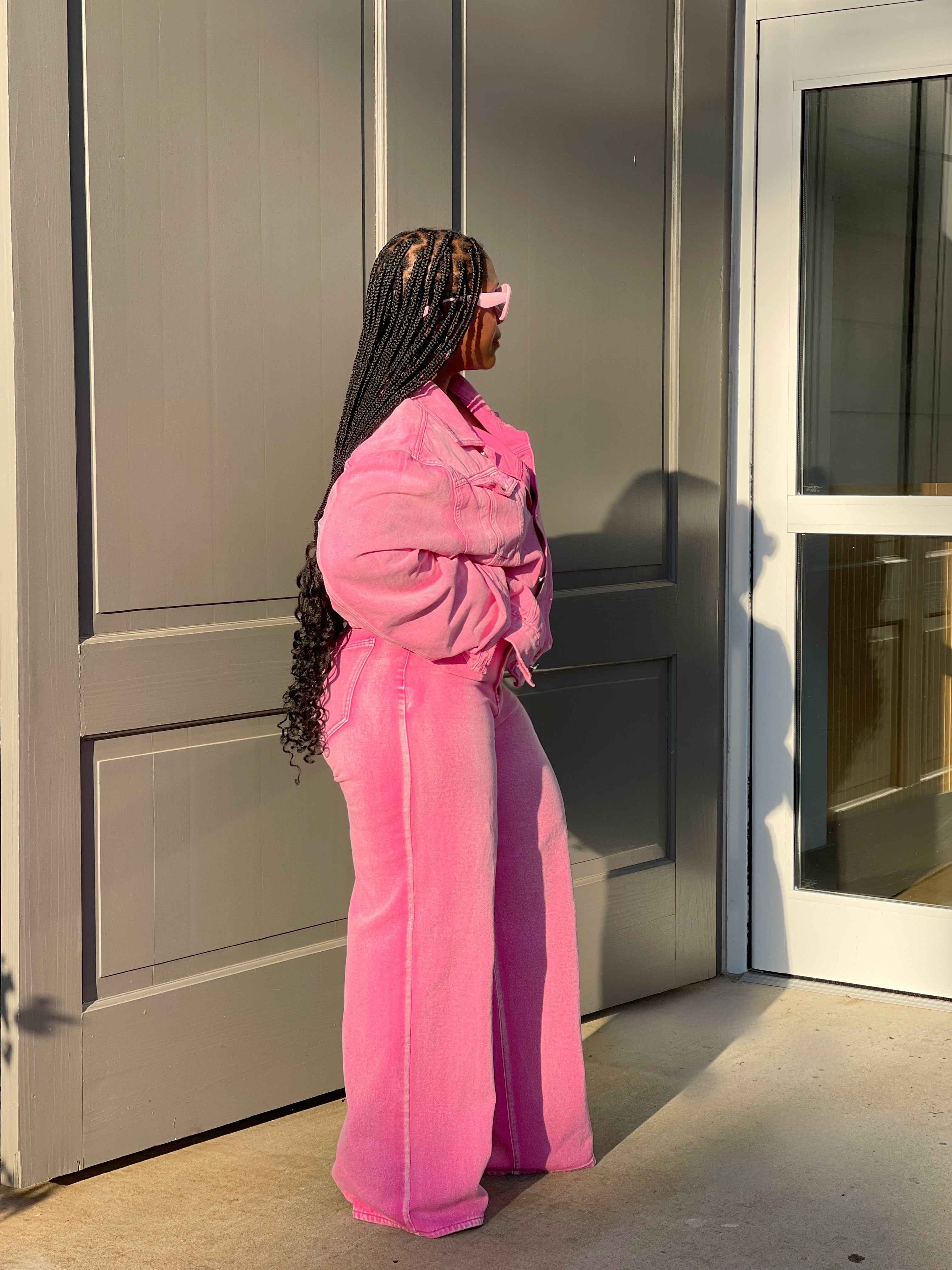 GOLDxTEAL pink denim wide leg pants and matching denim jacket.