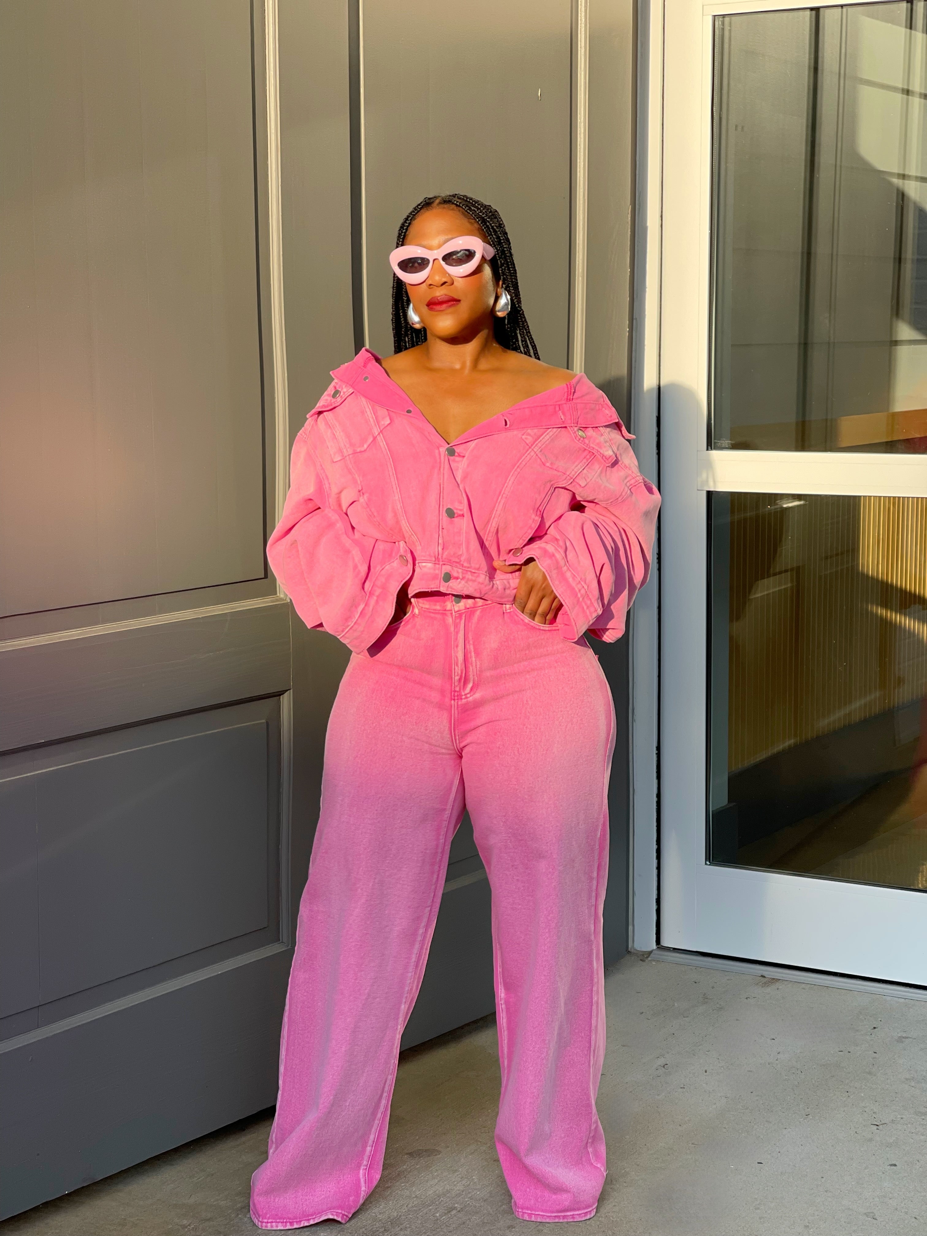 GOLDxTEAL pink denim wide leg pants and matching denim jacket.