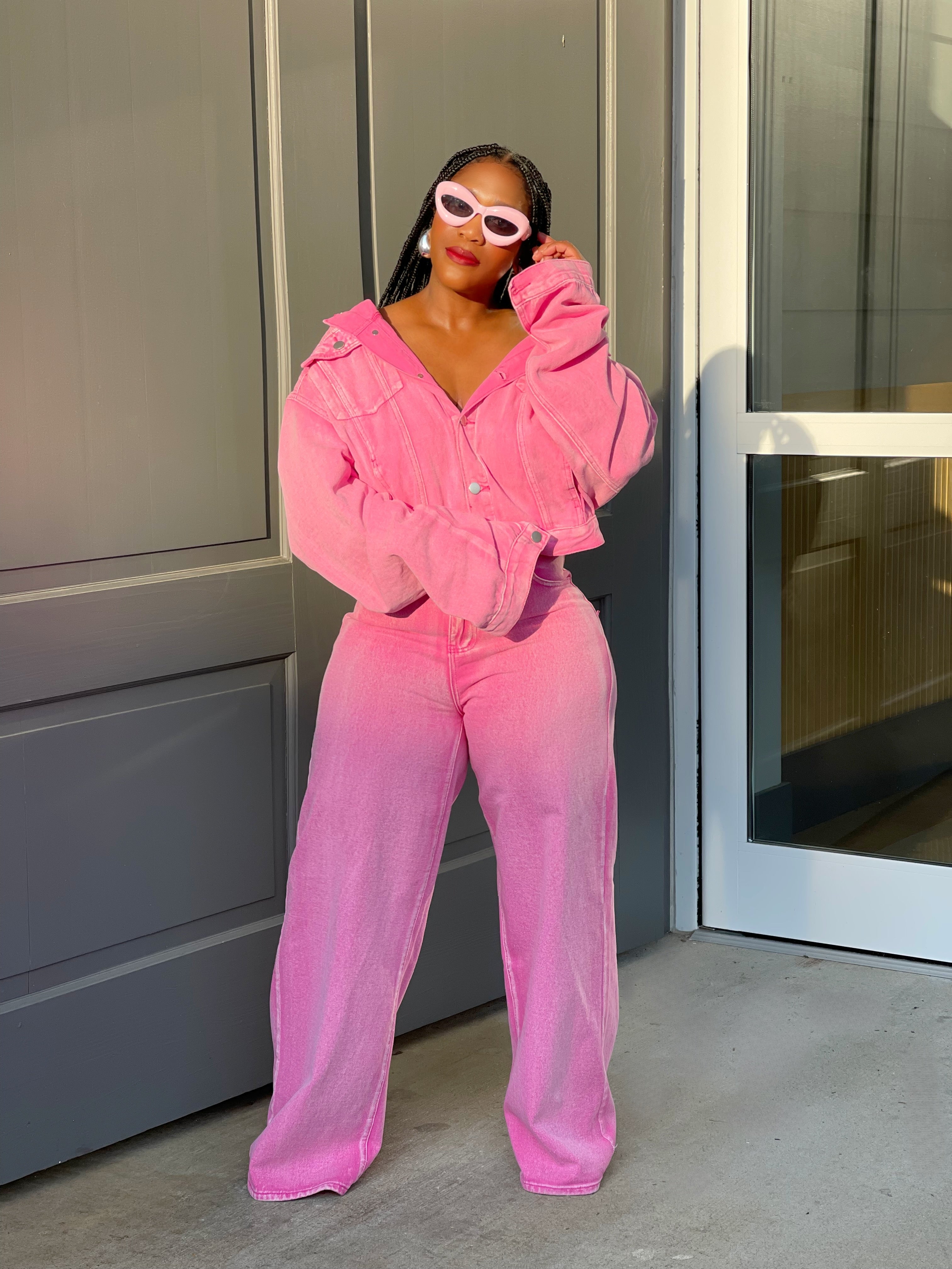 GOLDxTEAL pink denim wide leg pants and matching denim jacket.