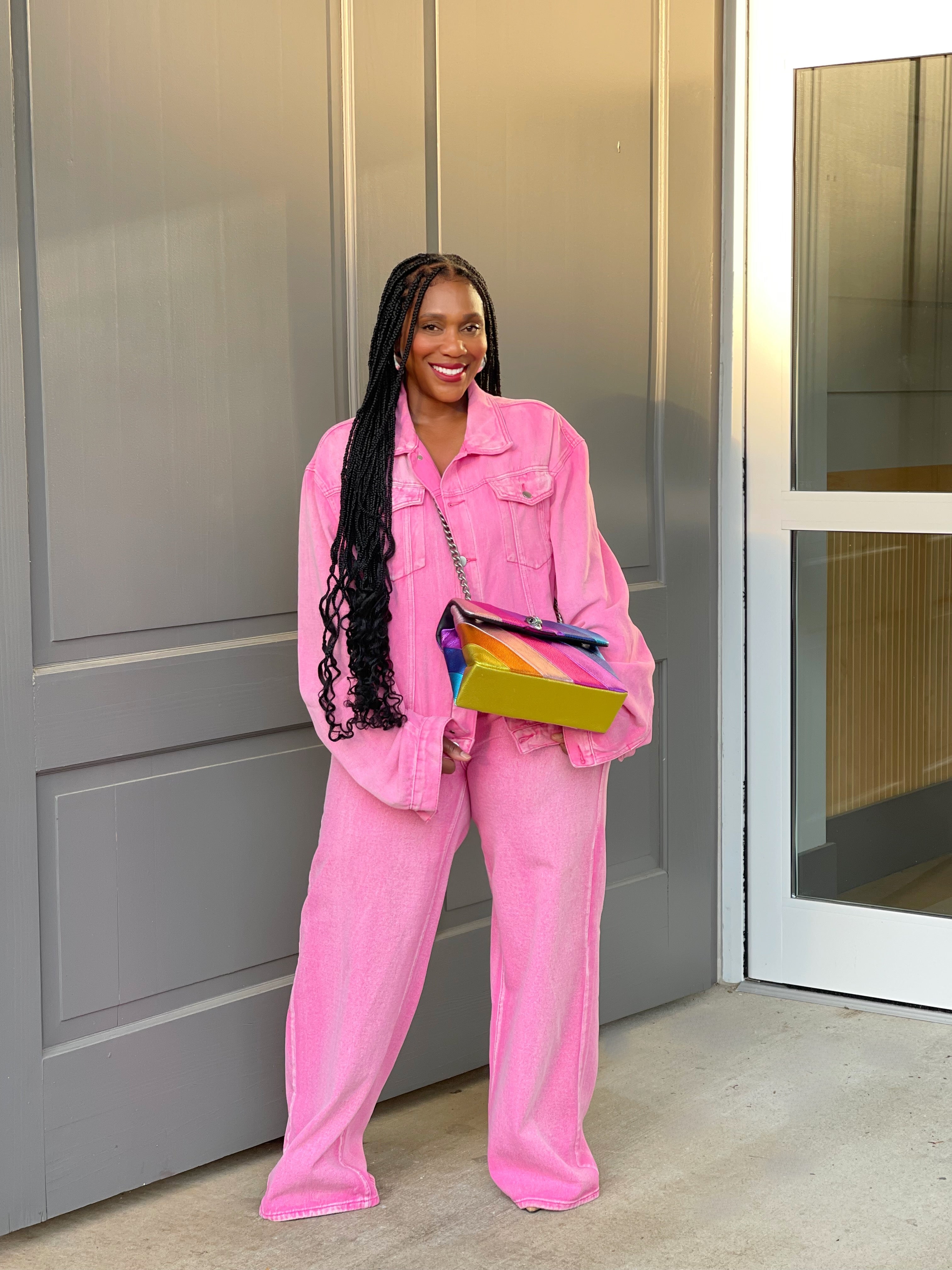 GOLDxTEAL pink denim wide leg pants and matching denim jacket.