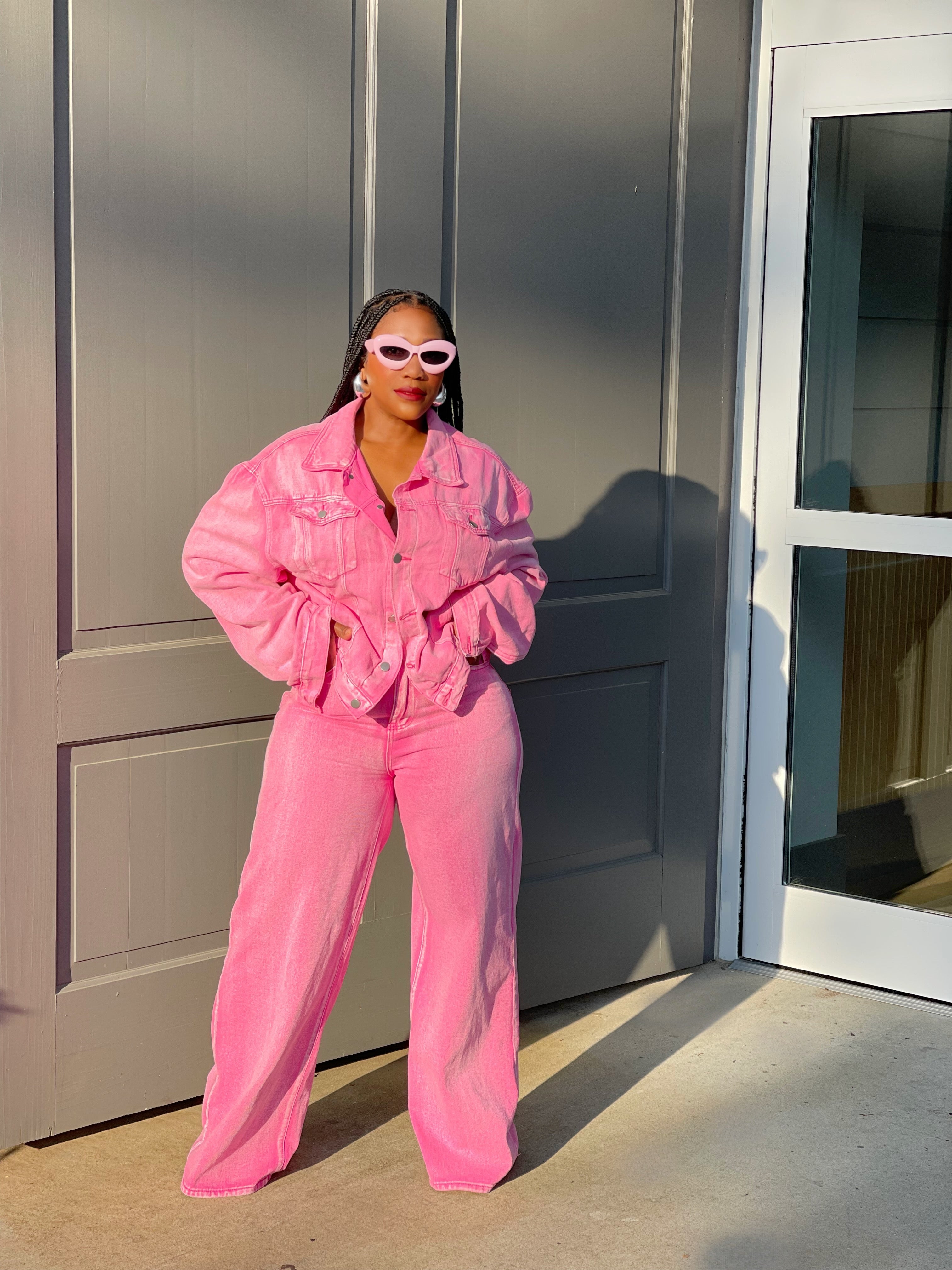 GOLDxTEAL pink denim wide leg pants and matching denim jacket.