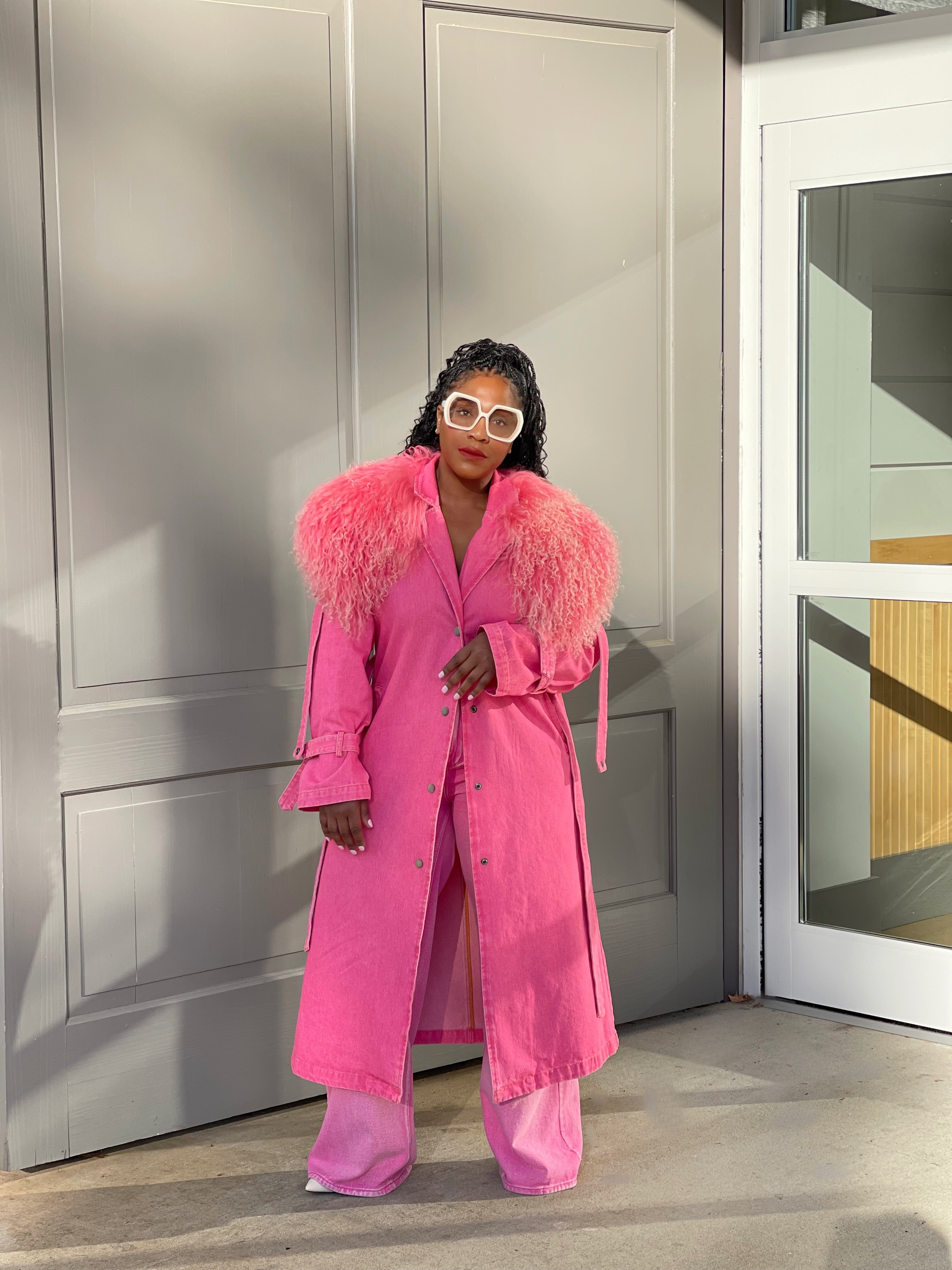 GOLDxTEAL pink denim fur trench coat.