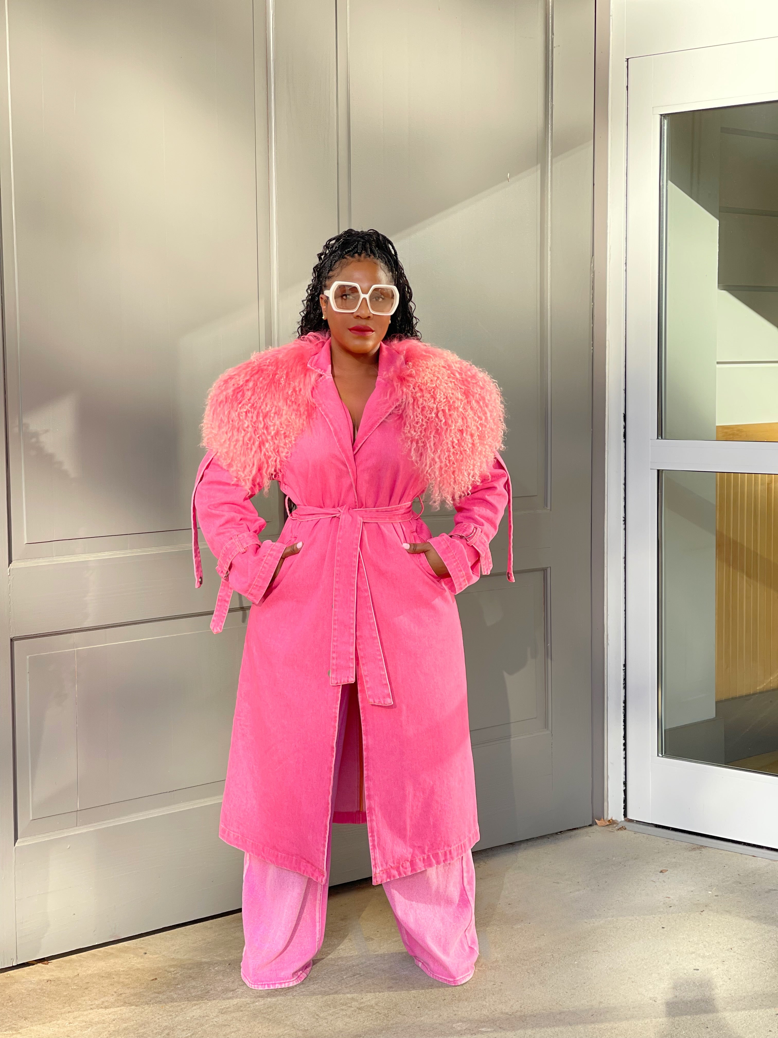 GOLDxTEAL pink denim fur trench coat.