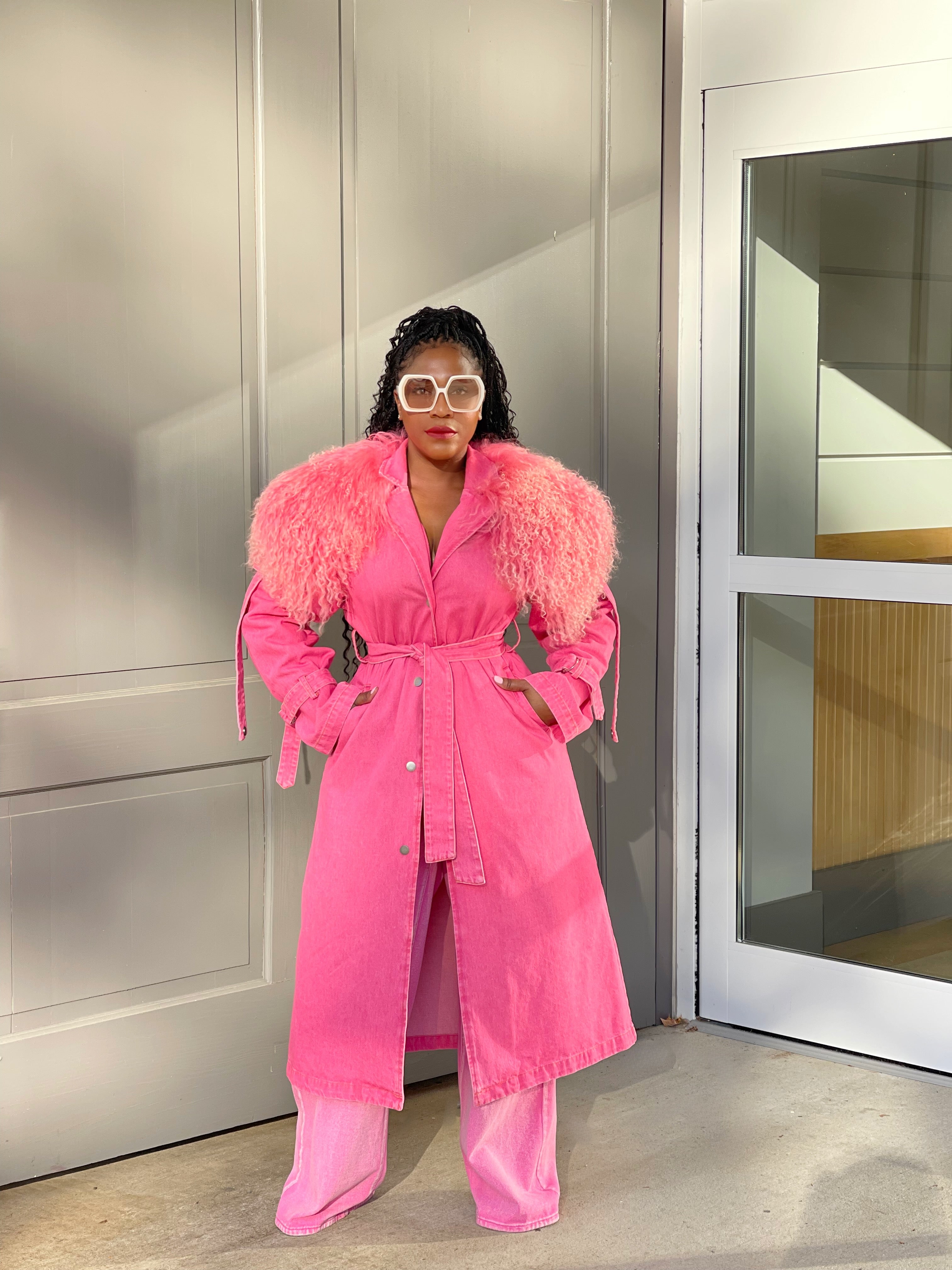GOLDxTEAL pink denim fur trench coat.