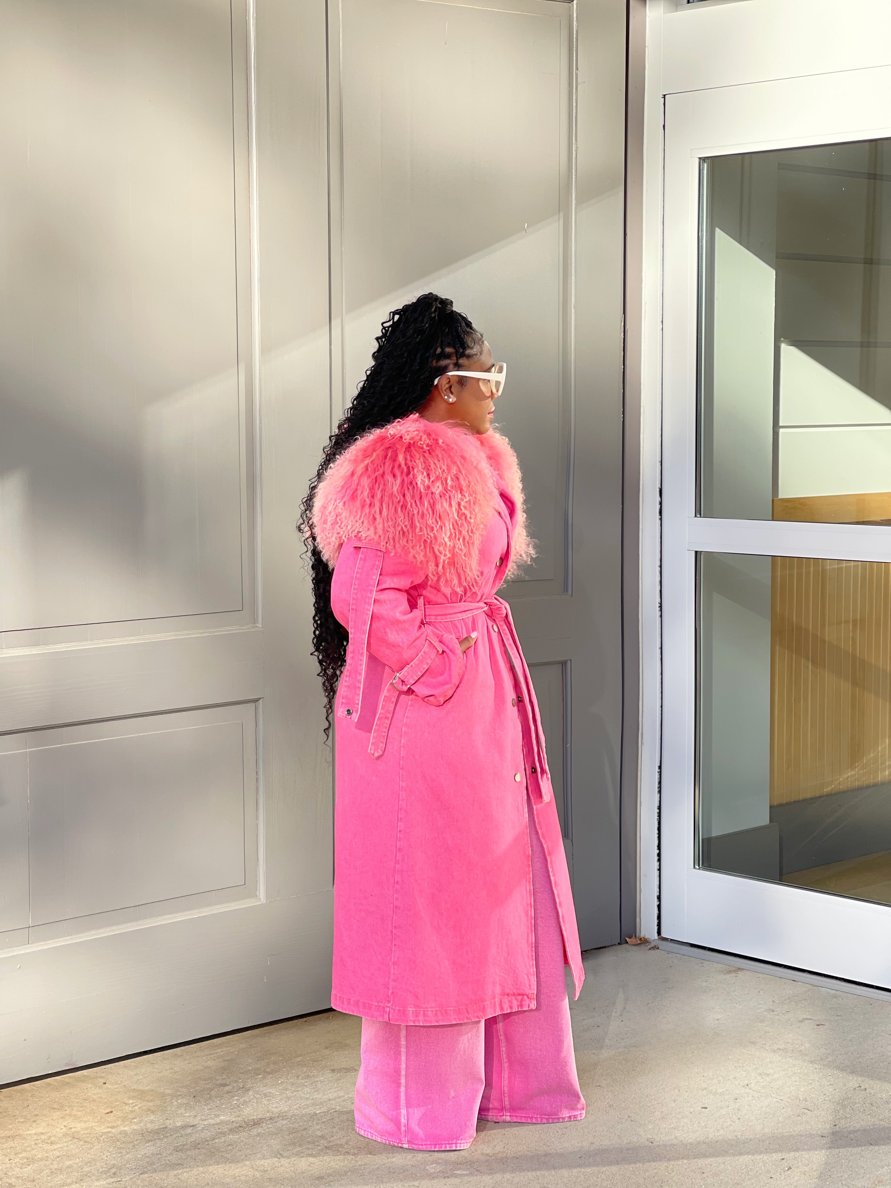 GOLDxTEAL pink denim fur trench coat.