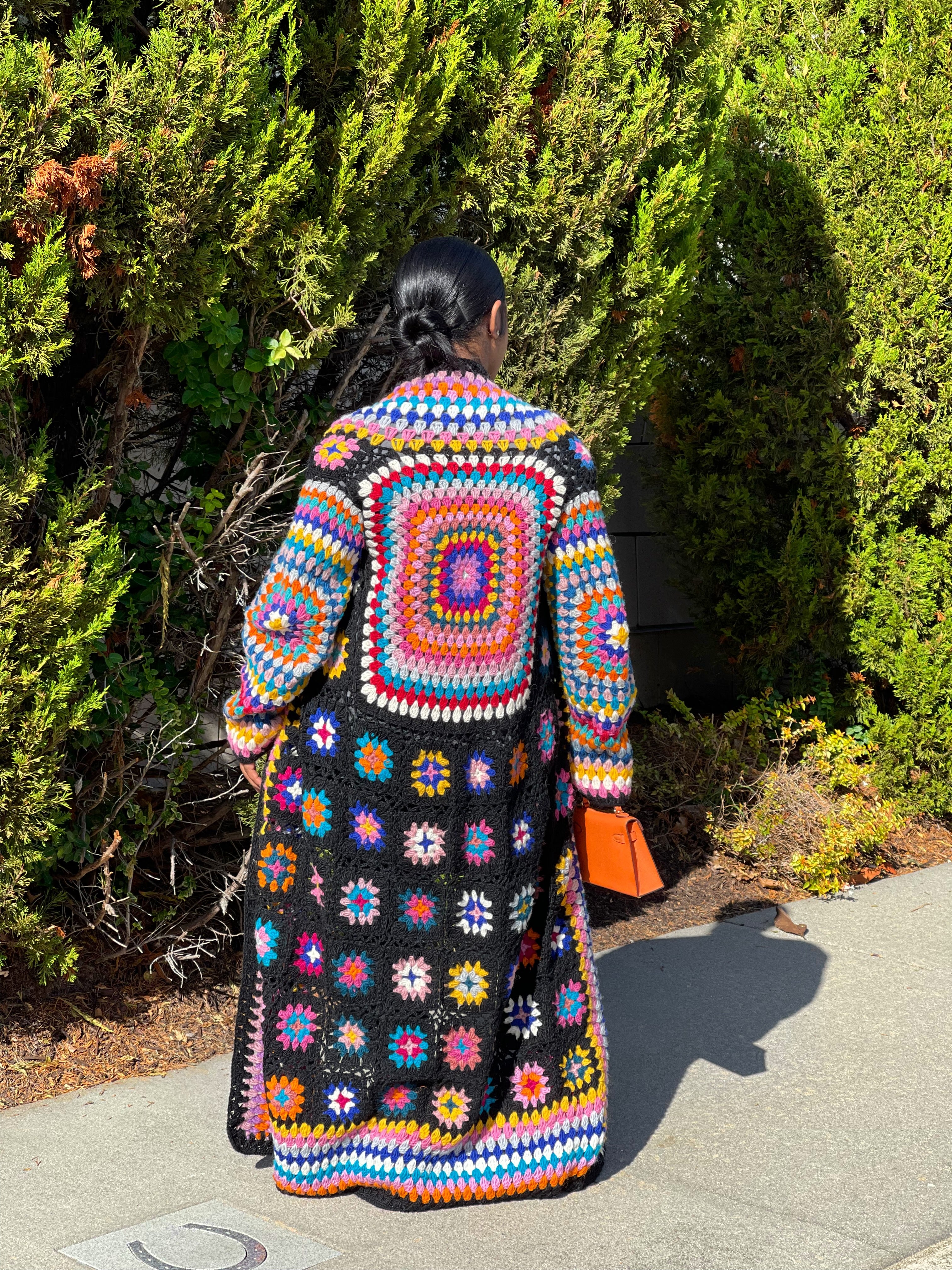 Gold x Teal handmade colorful crochet long cardigan. Available in red multi color and black multi color.