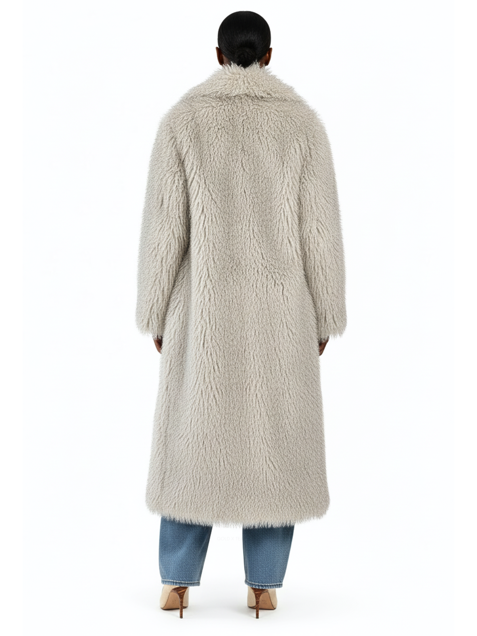 Back view of the GOLD x TEAL Frost Luxe Coat displaying full-length design and soft faux Mongolian fur texture in Frost color.