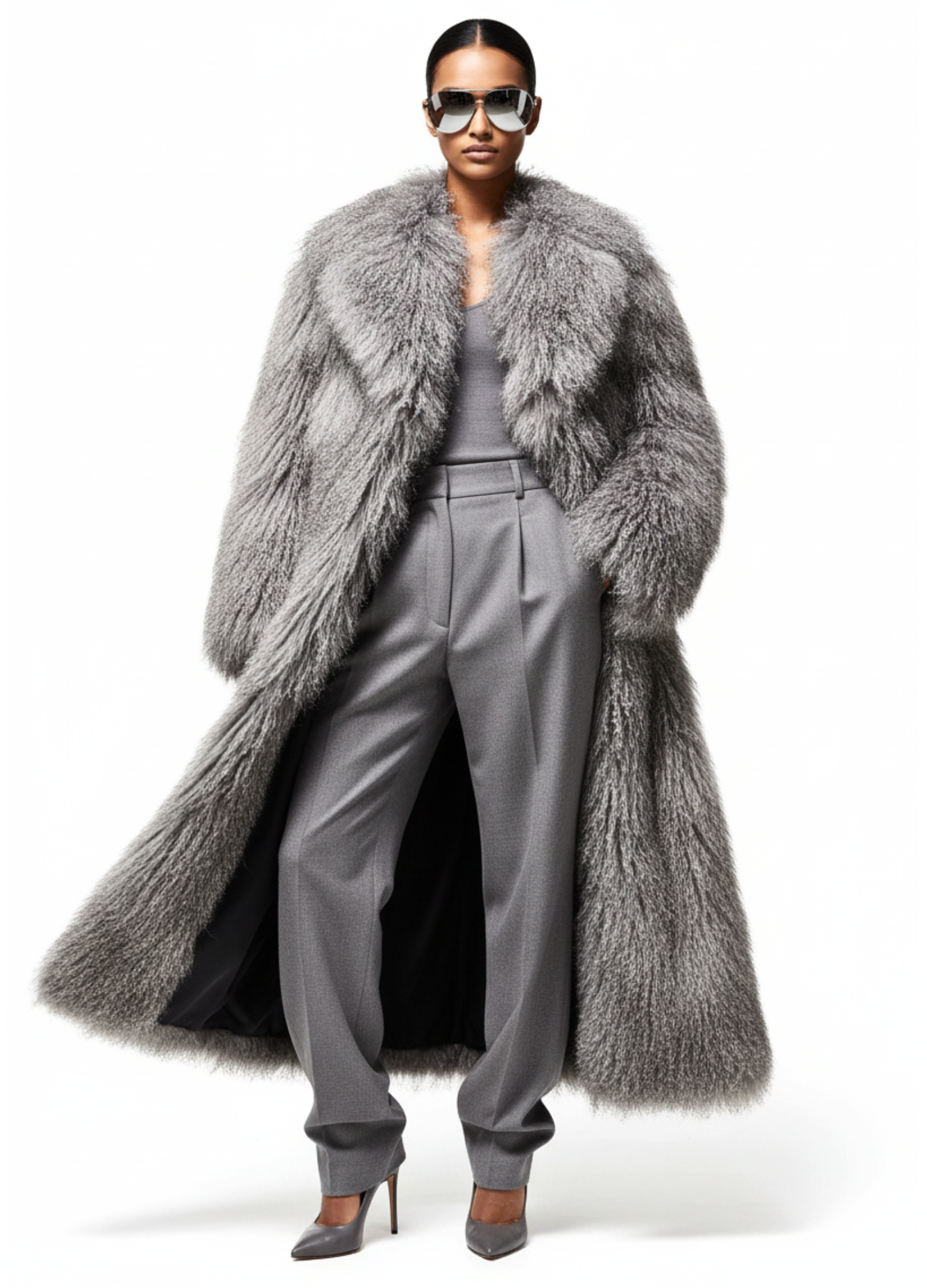 GOLD x TEAL Aurelia Fur Coat in gray shown on model, longline luxury fur coat worn open with fluid drape and editorial silhouette, relaxed.