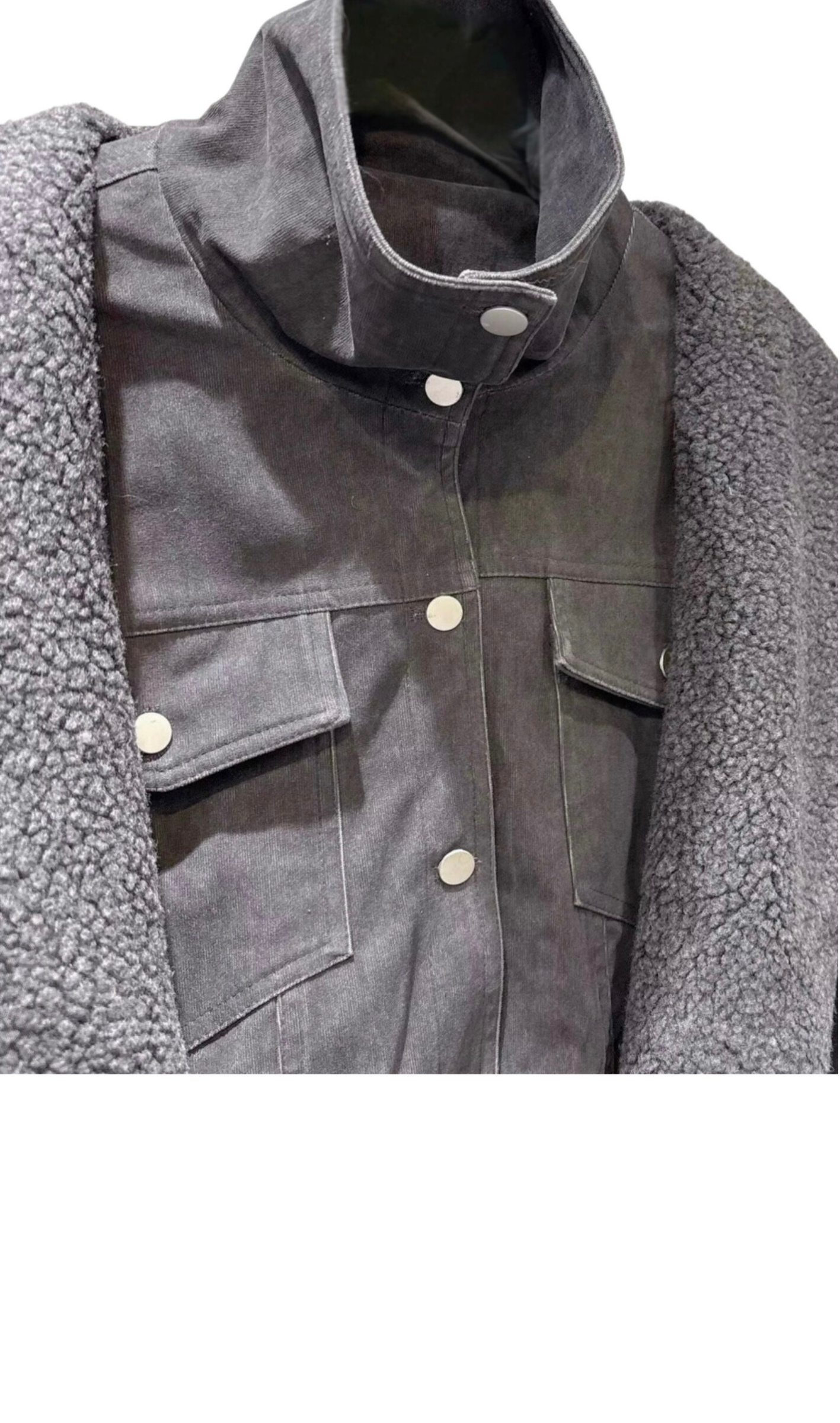 GOLD x TEAL wool shawl lapel detail on charcoal denim jacket.