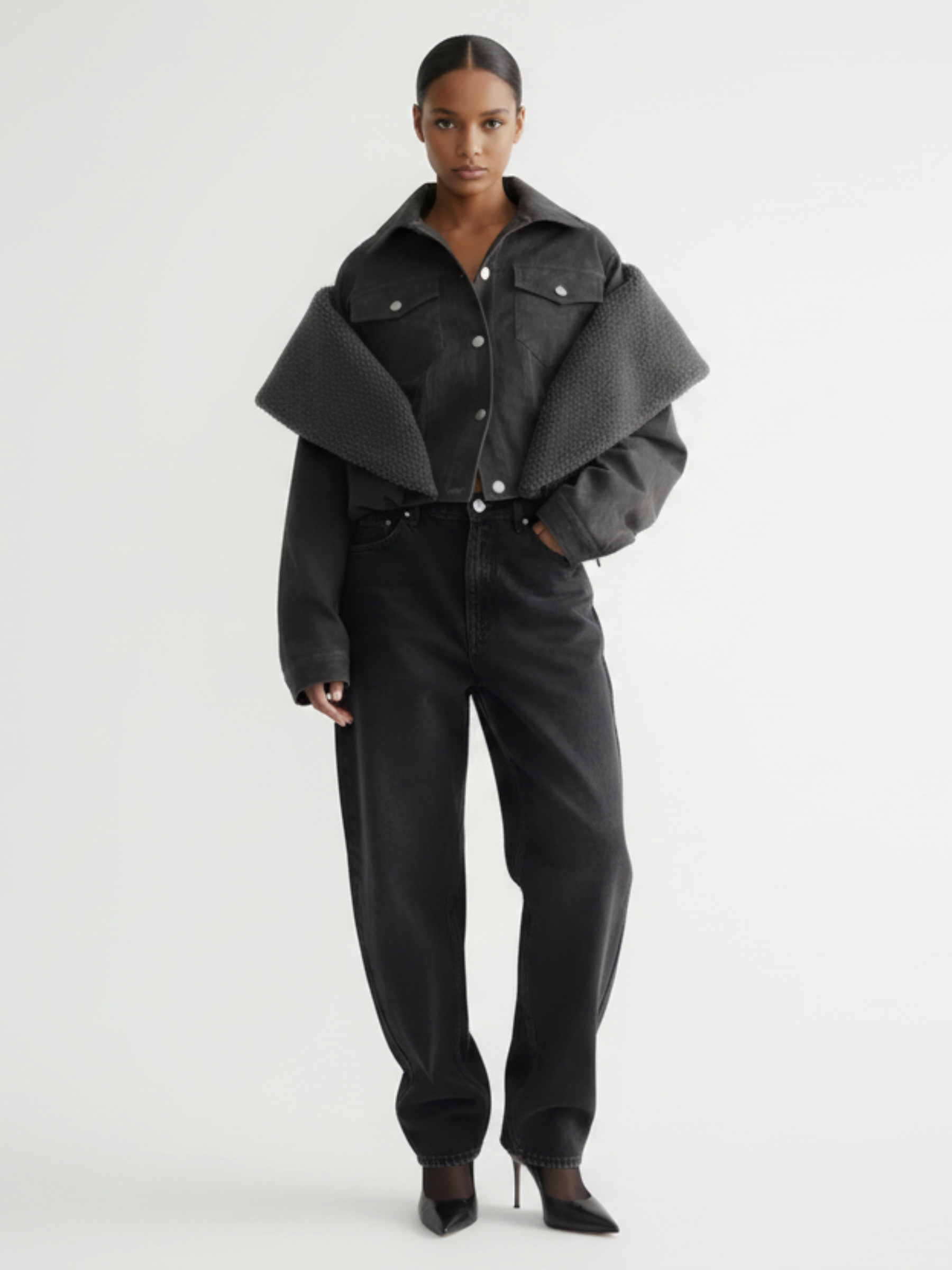 GOLD x TEAL slate collar denim jacket with wool shawl lapel front view