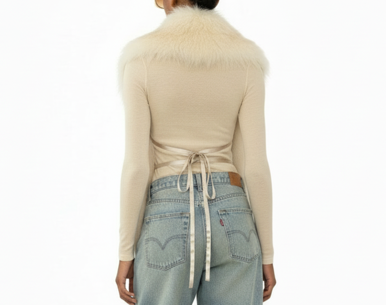 Front view of model wearing the GOLD x TEAL Nomad Fur Scarf Vest in cream, featuring front elastic bands for comfort and secure wear.