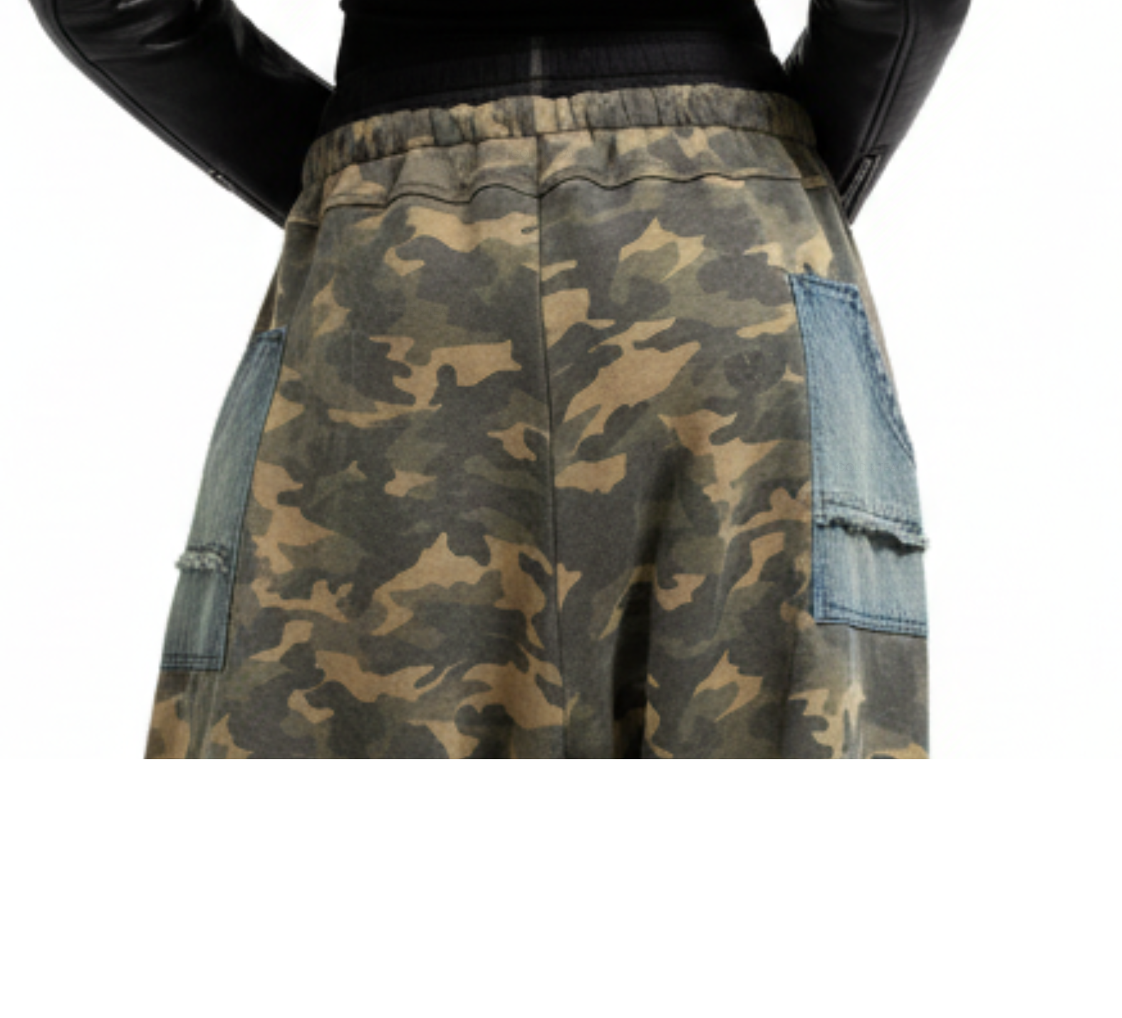 Back waistband and pocket detail of Recon Drop Pant by GOLD x TEAL with elastic waist, camo paneling, and frayed denim construction