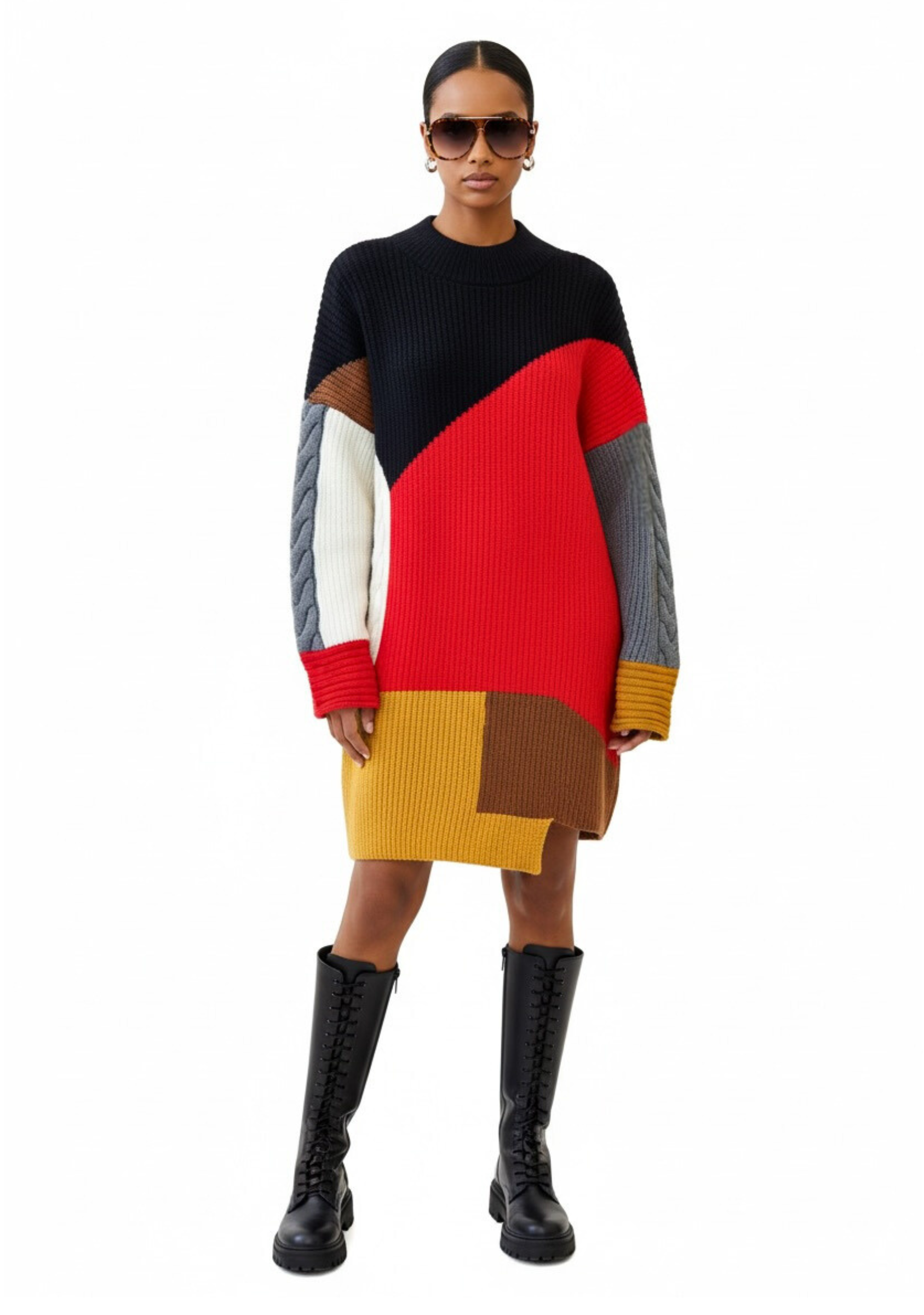 GOLD x TEAL Calle Geo knit mini dress front view.