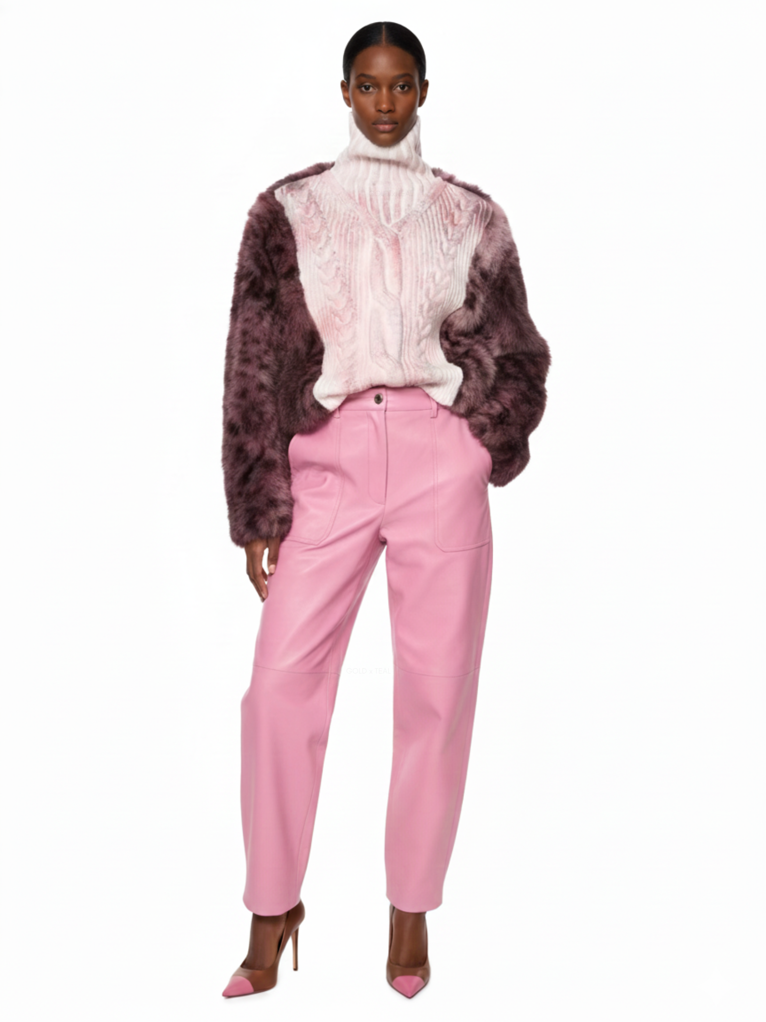 Maison Print Faux Fur Knit Sweater by GOLD x TEAL featuring washed distressed knit body with printed faux fur sleeves and relaxed turtleneck silhouette.