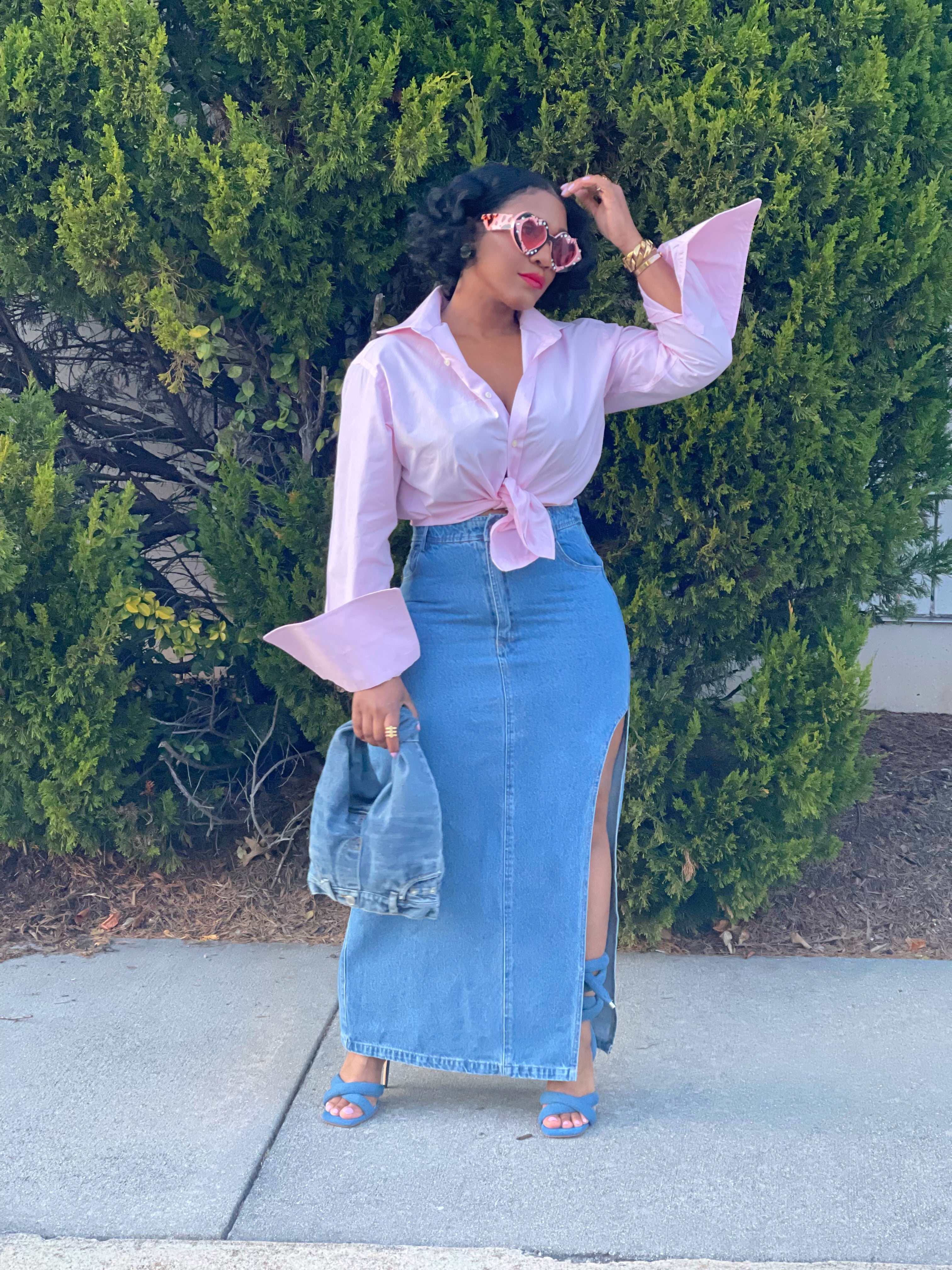 GOLDxTEAL high waist denim skirt with high front slit.