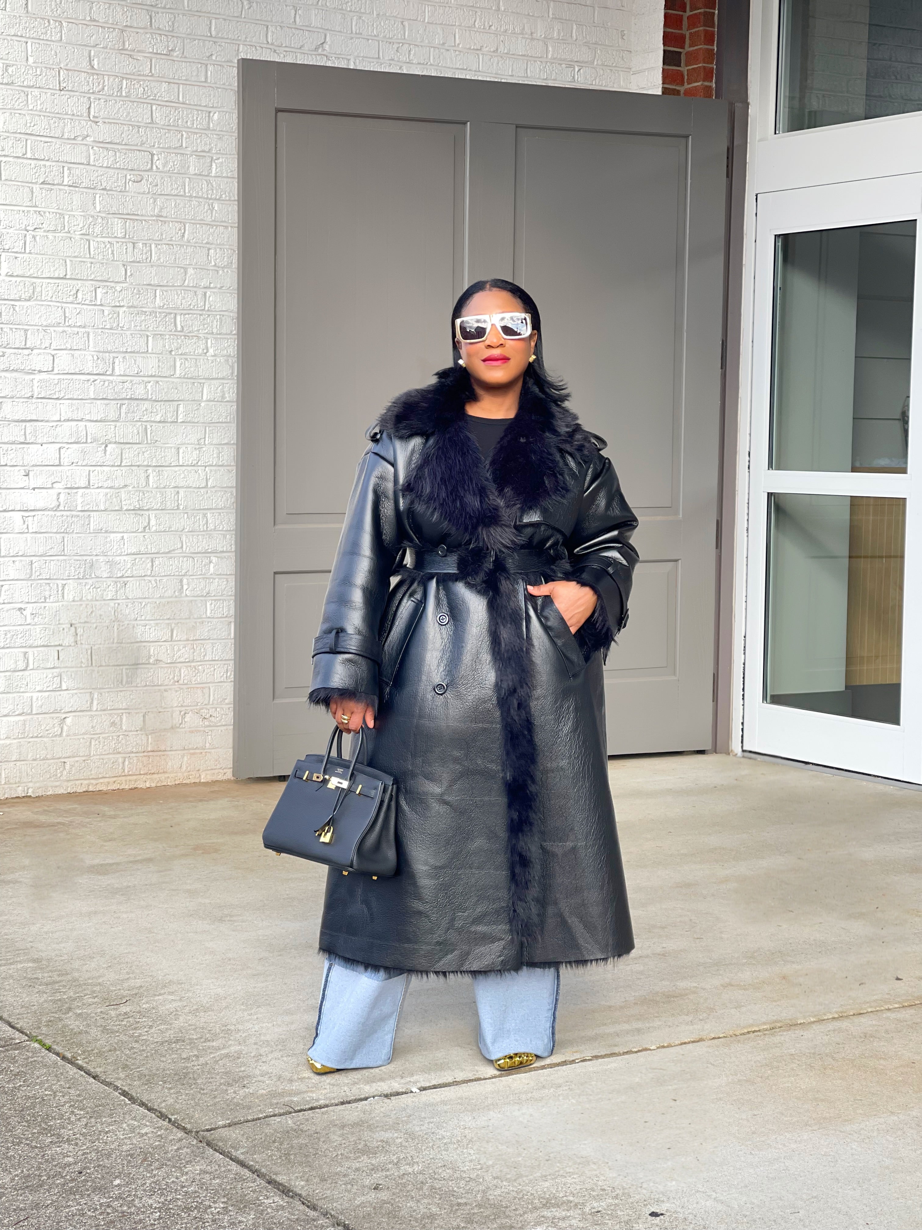 GOLDxTEAL gorgeous luxe faux leather and shearling trench coat.