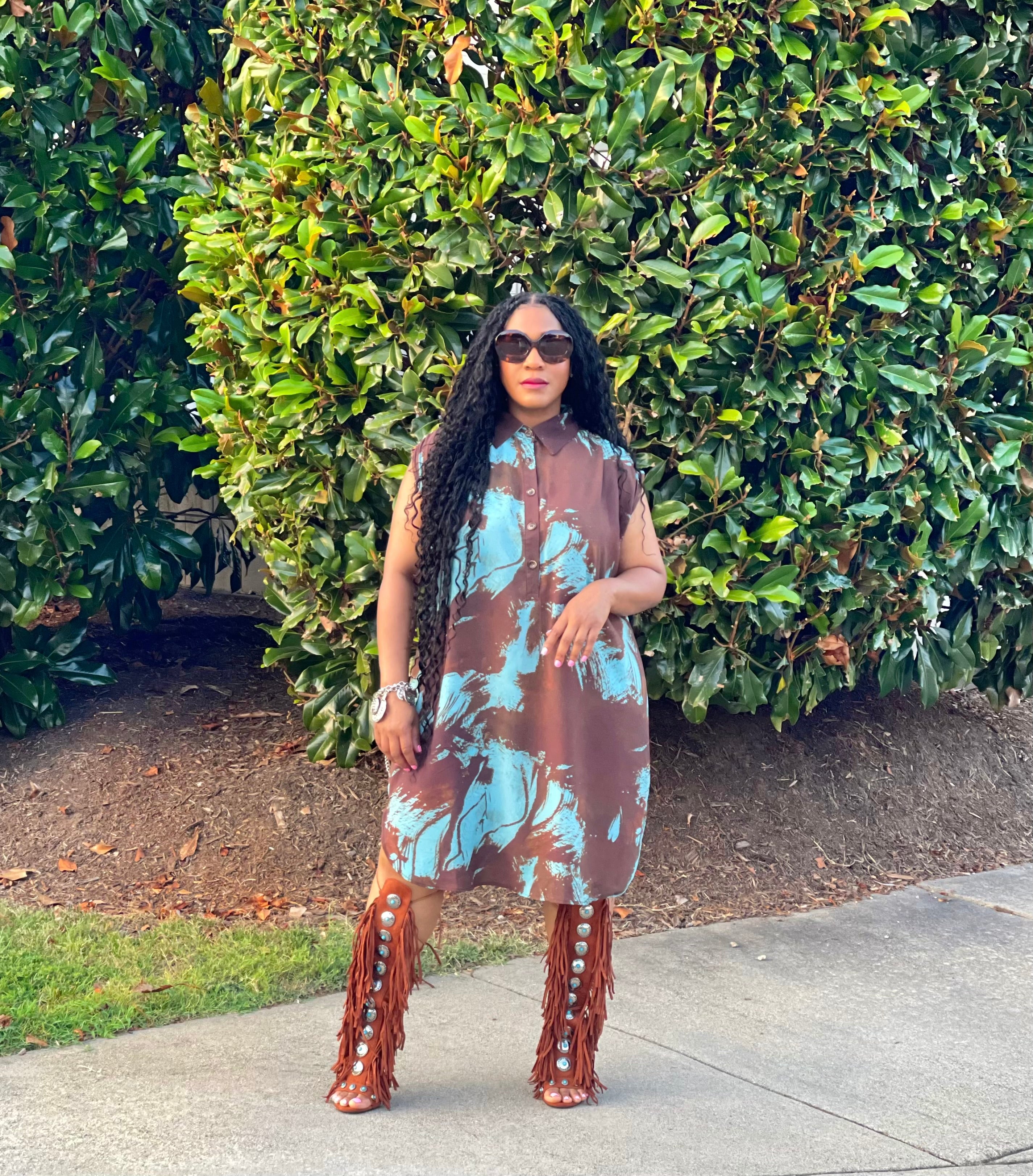 GOLDxTEAL aqua and brown sheer sleeveless shirt dress.