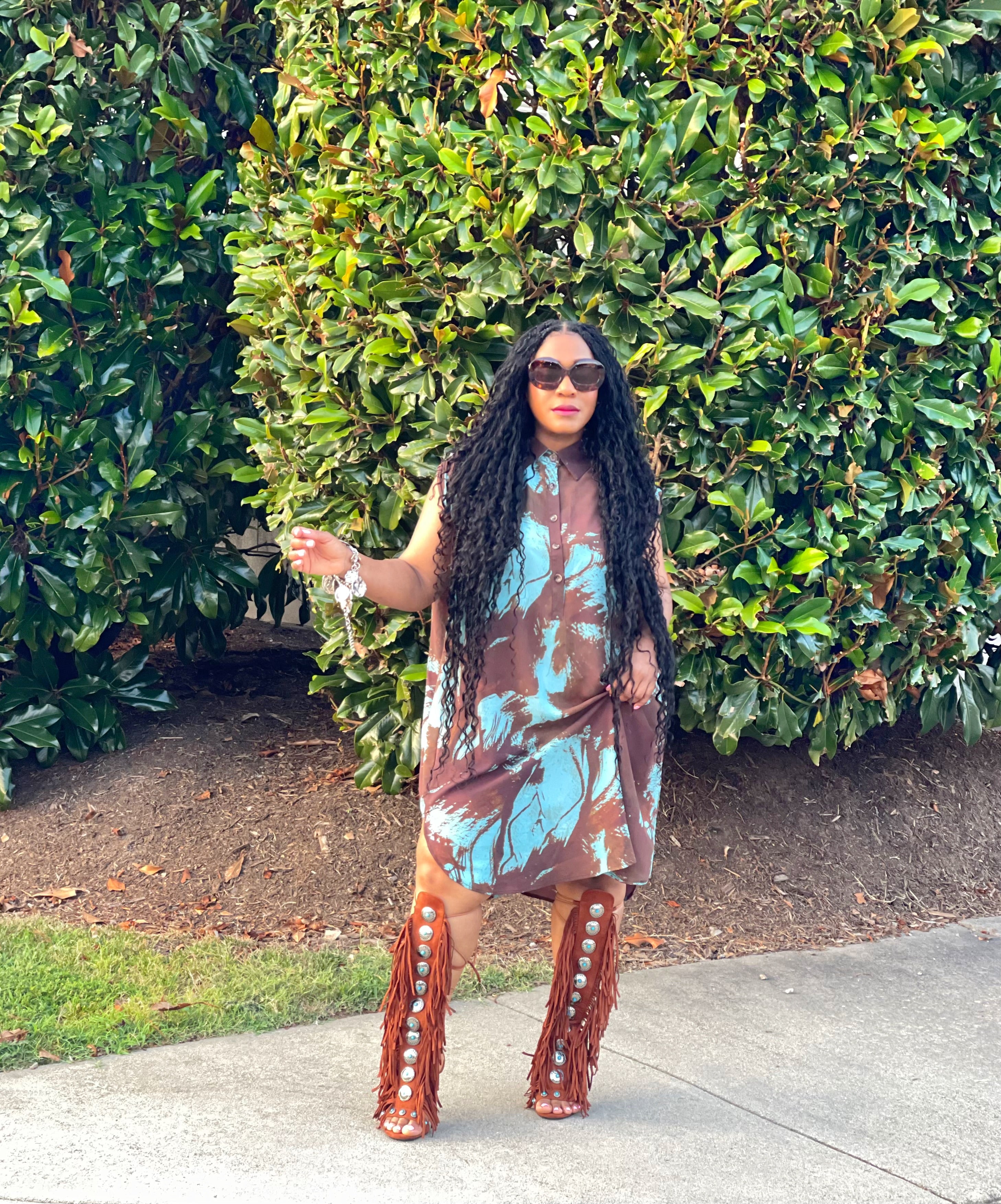 GOLDxTEAL boho abstract print shirt dress, sleeveless.