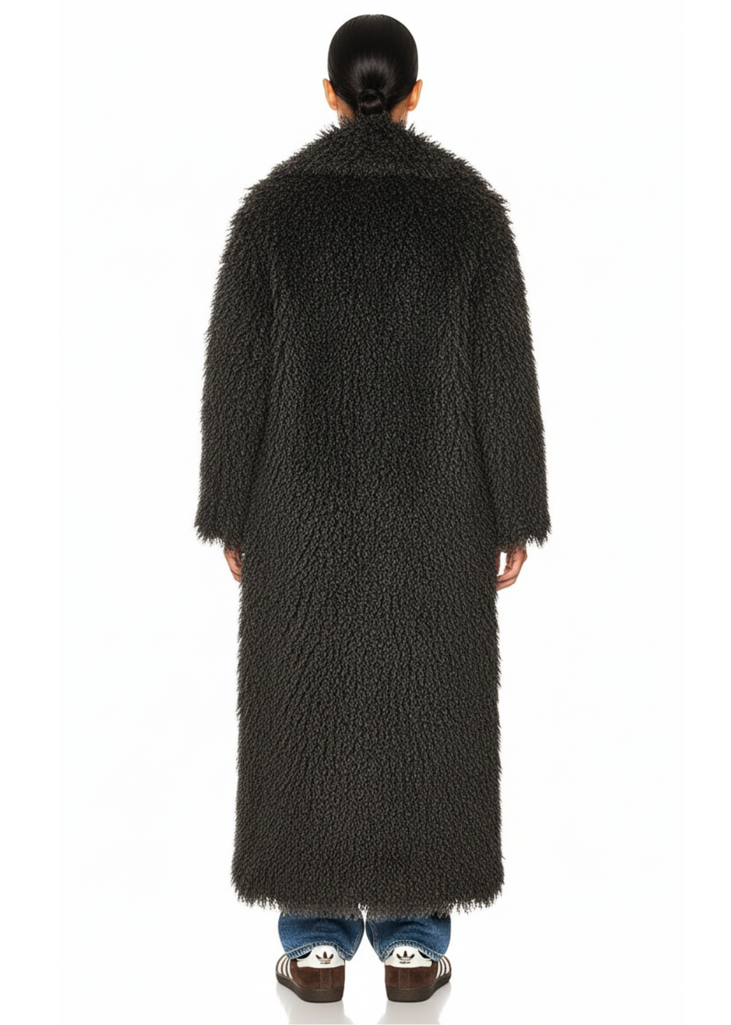 Back view of the GOLD x TEAL Mocha Opulence Coat highlighting long textured faux Mongolian fur design.