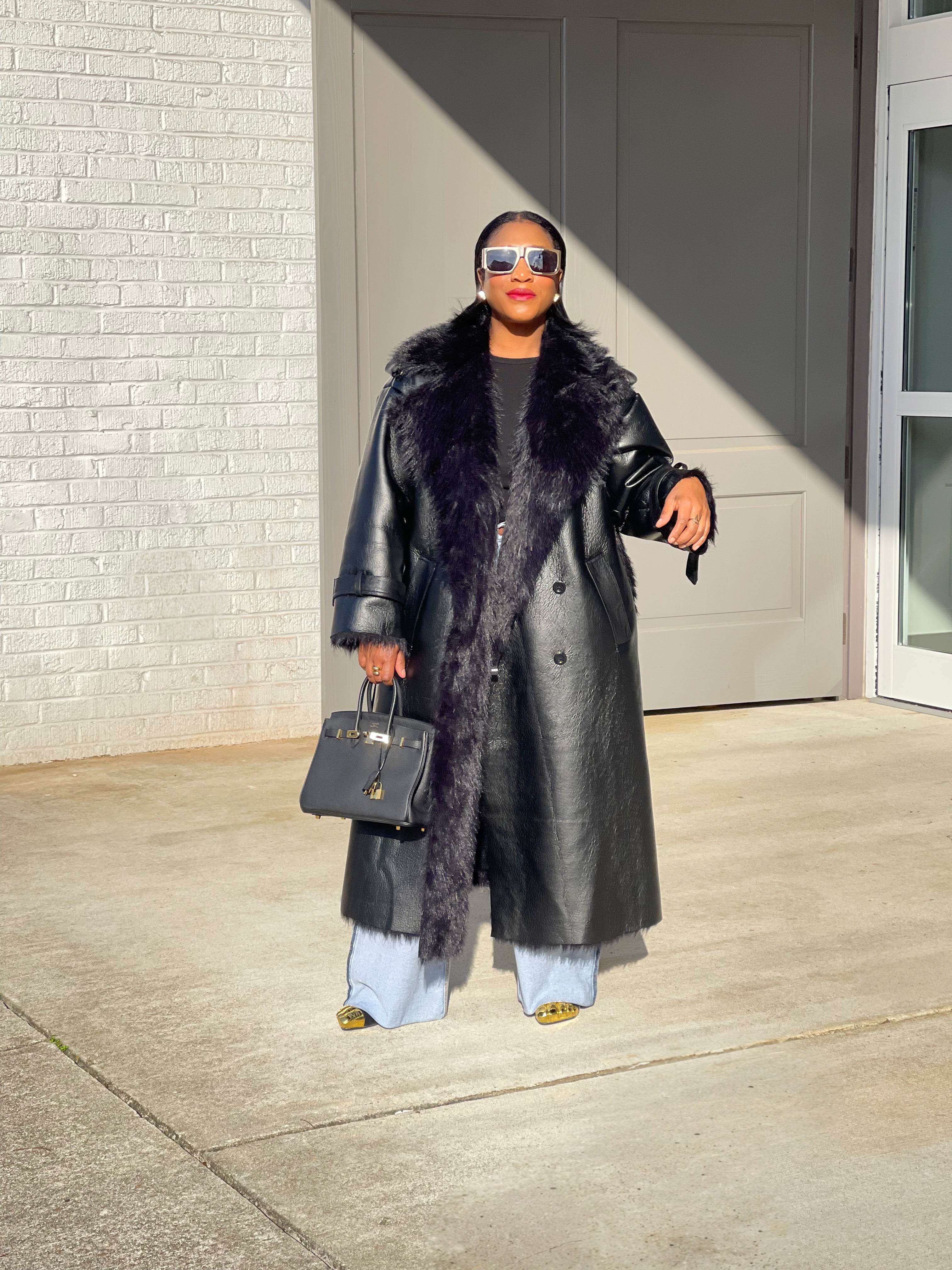 GOLDxTEAL gorgeous luxe faux leather and shearling trench coat.