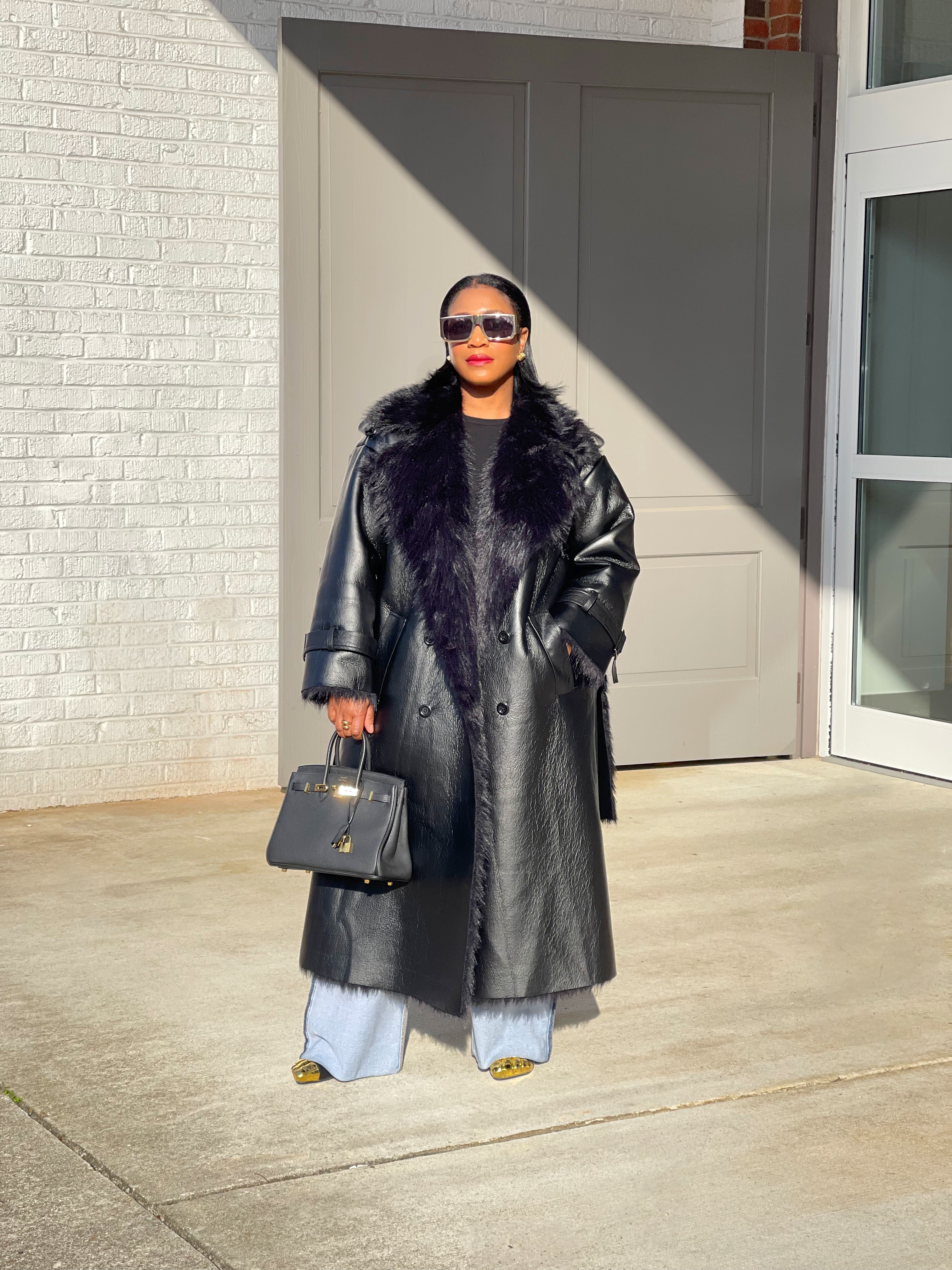 GOLDxTEAL gorgeous luxe faux leather and shearling trench coat.