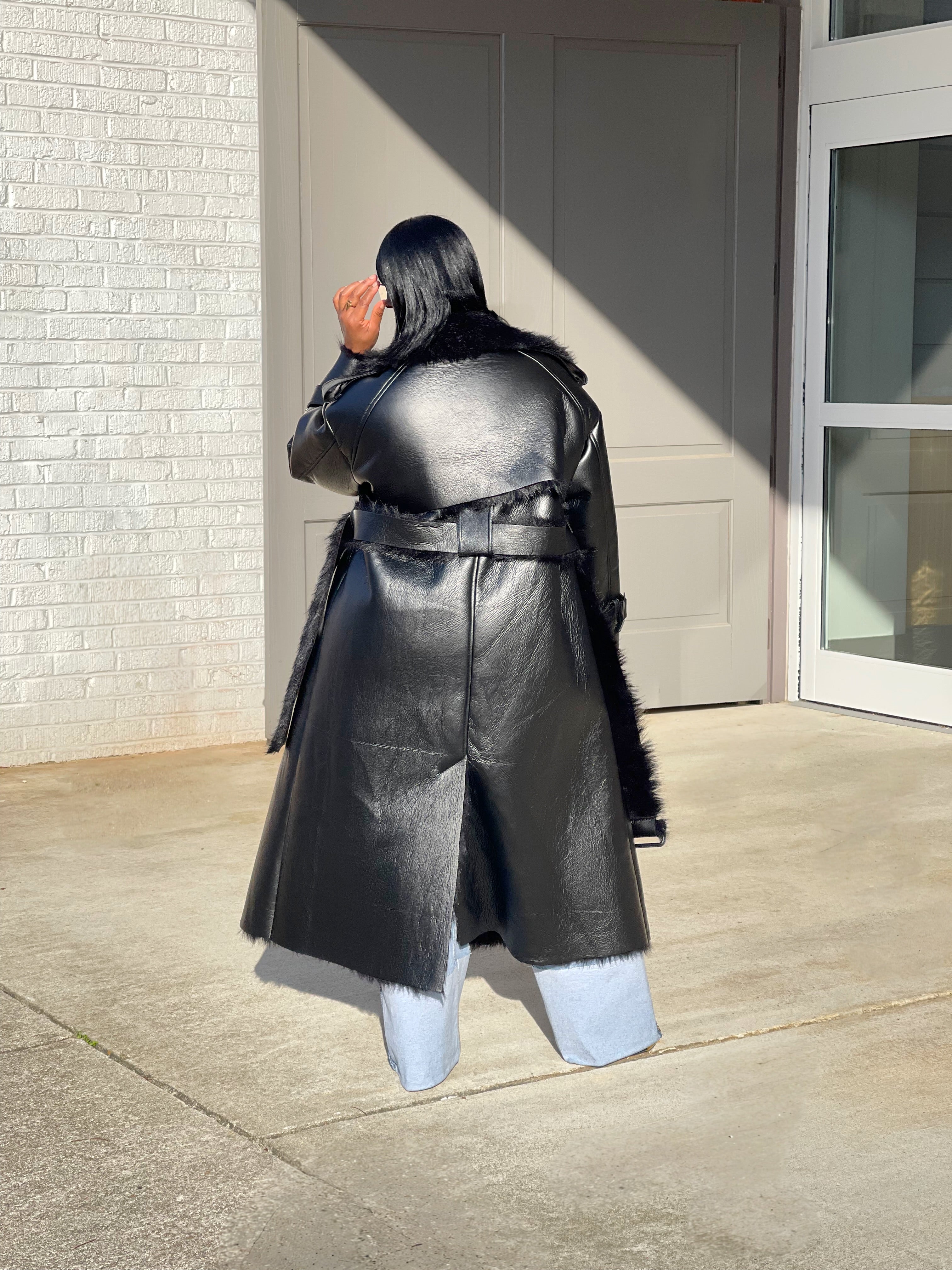 GOLDxTEAL gorgeous luxe faux leather and shearling trench coat.