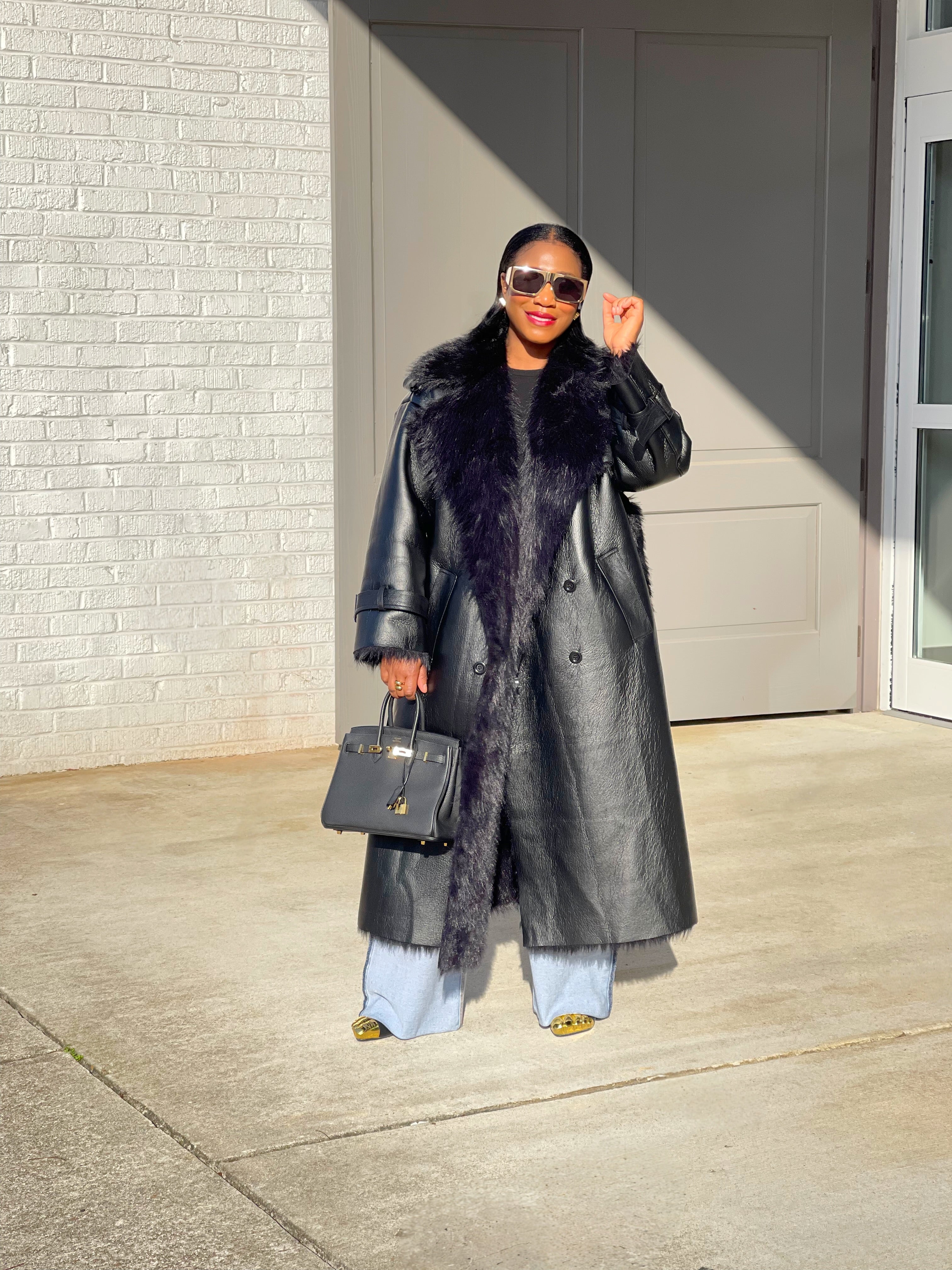 GOLDxTEAL gorgeous luxe faux leather and shearling trench coat.