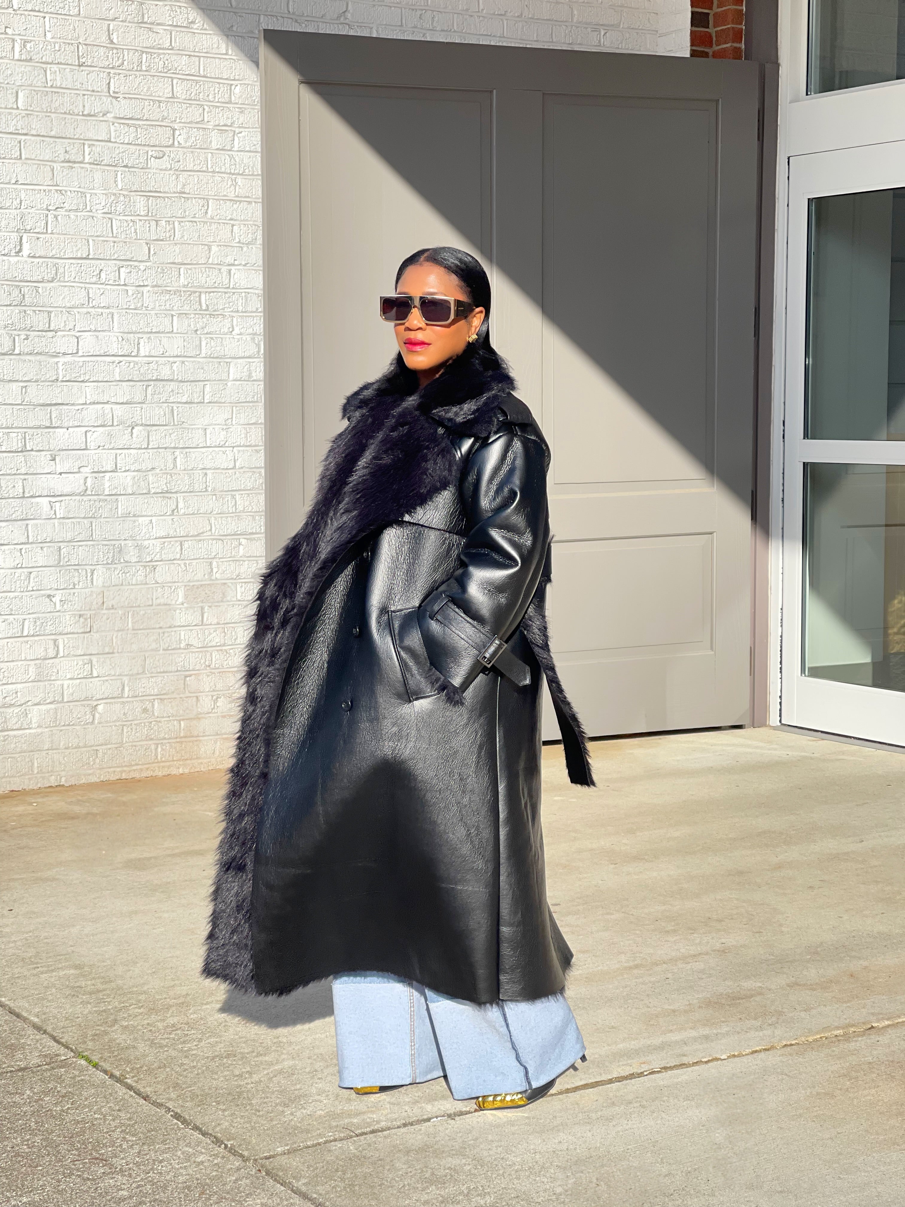 GOLDxTEAL gorgeous luxe faux leather and shearling trench coat.