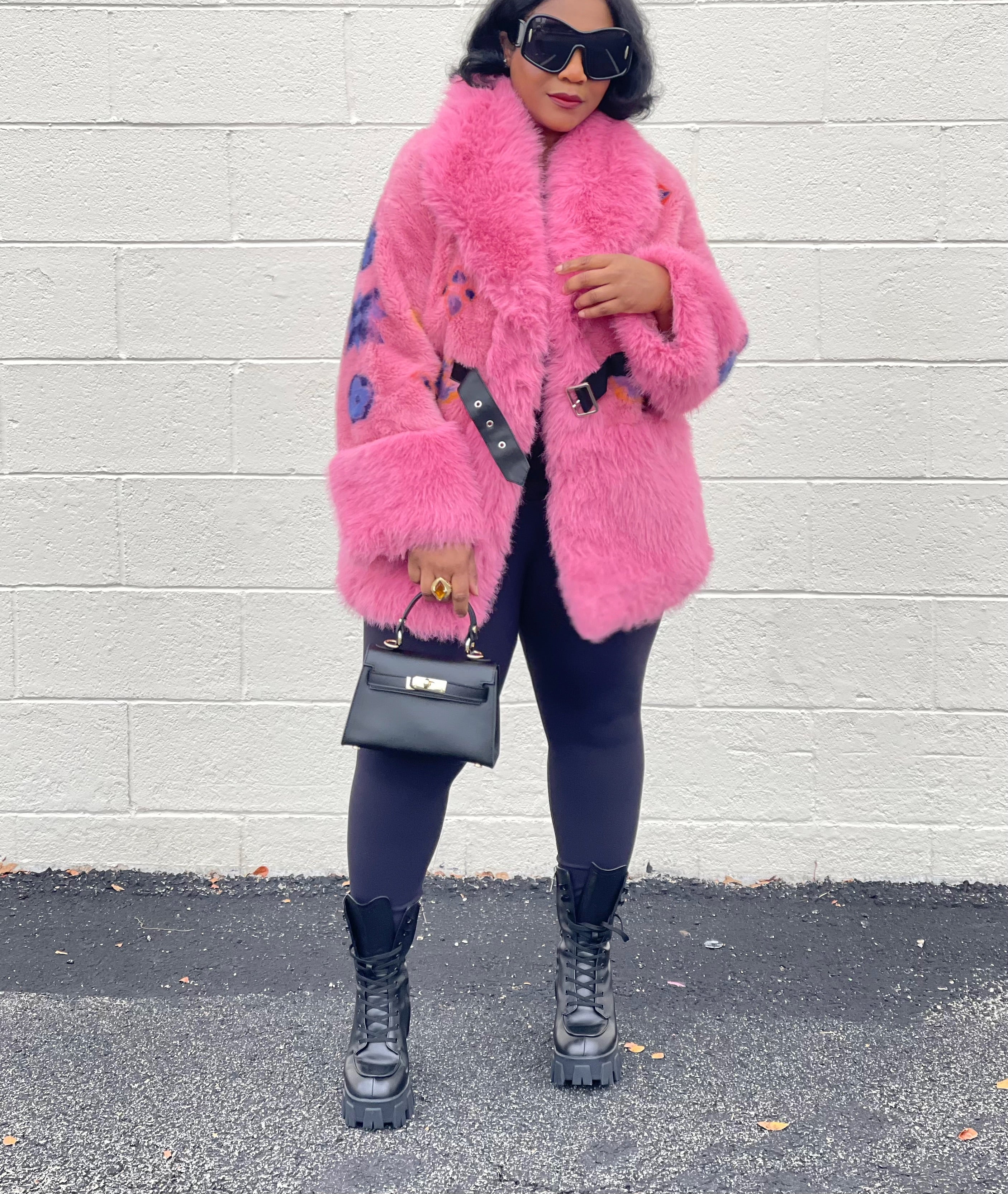 GOLDxTEAL colorful pink faux fur jacket.