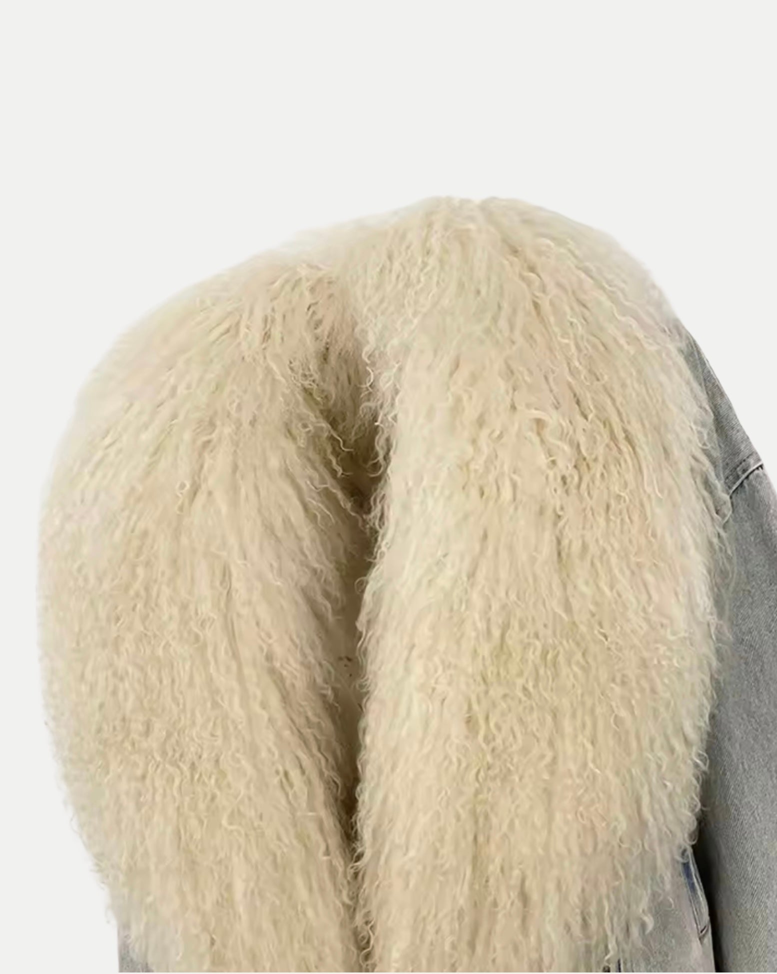 GOLDxTEAL denim biker style jacket with Mongolian fur shawl collar.