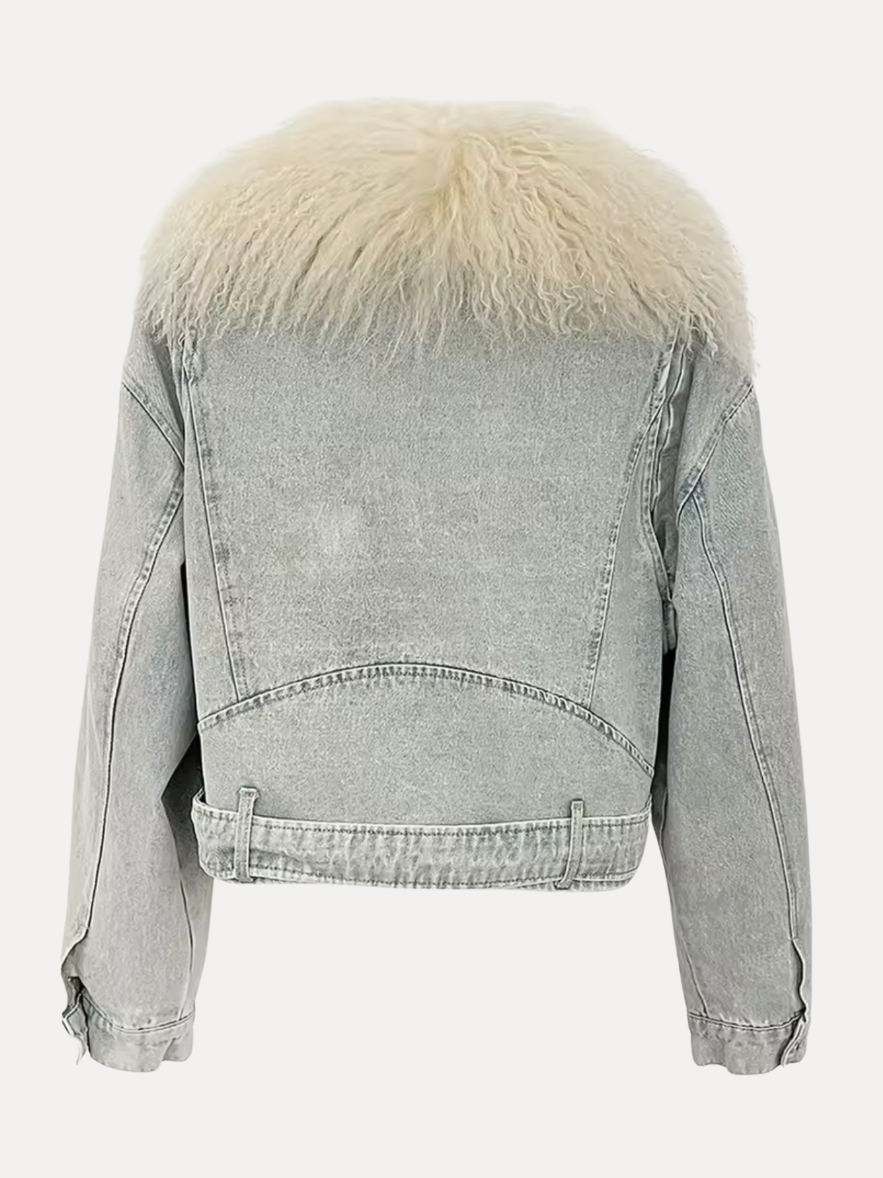 GOLDxTEAL denim biker style jacket with Mongolian fur shawl collar.