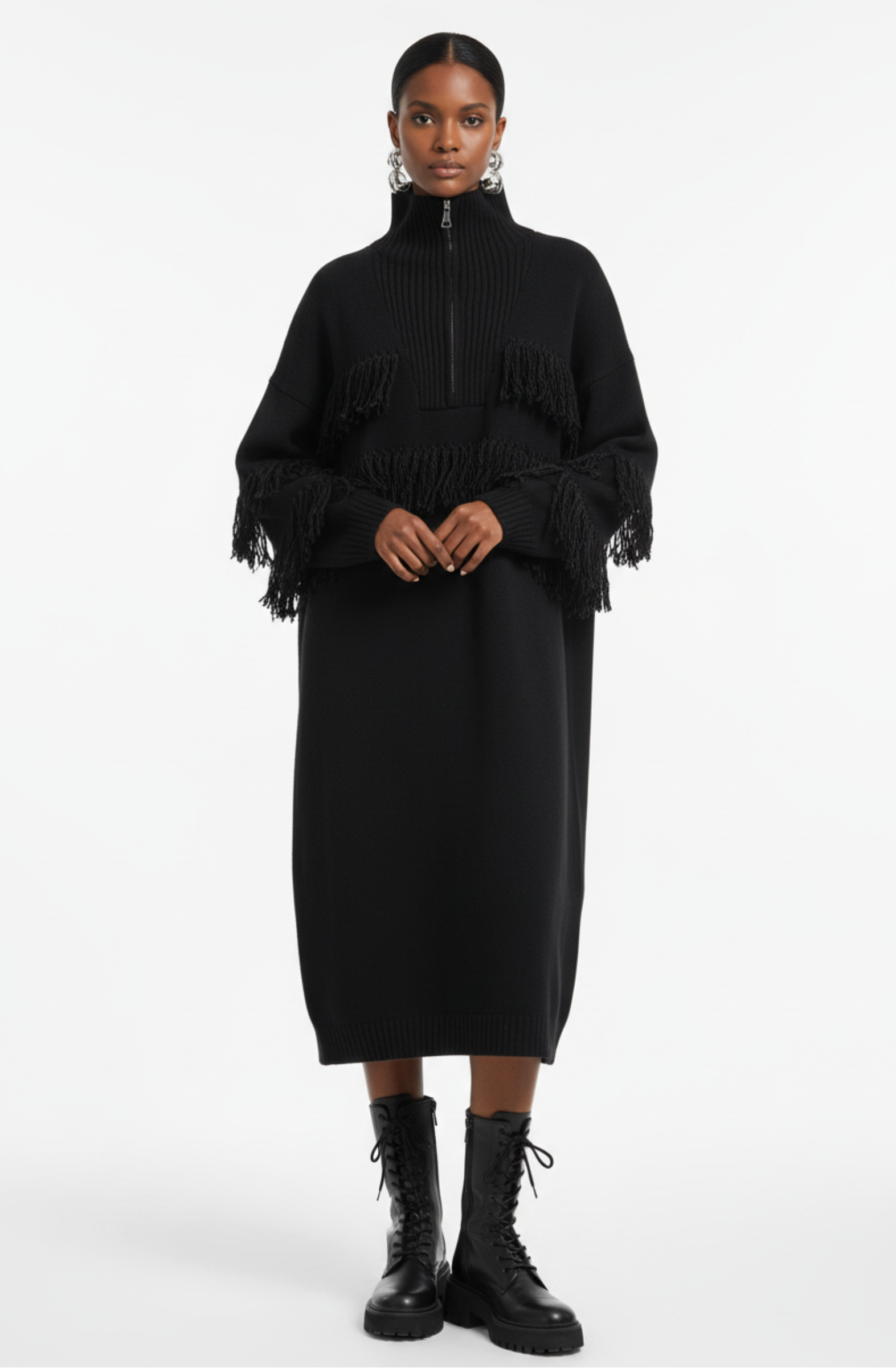 GOLD x TEAL black oversized fringe sweater dress front view.