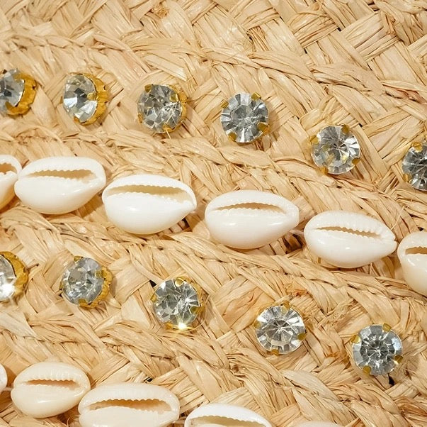 GOLDxTEAL gorgeous embellished raffia handbag. Raffia bag adorned with cowrie shells and rhinestones.