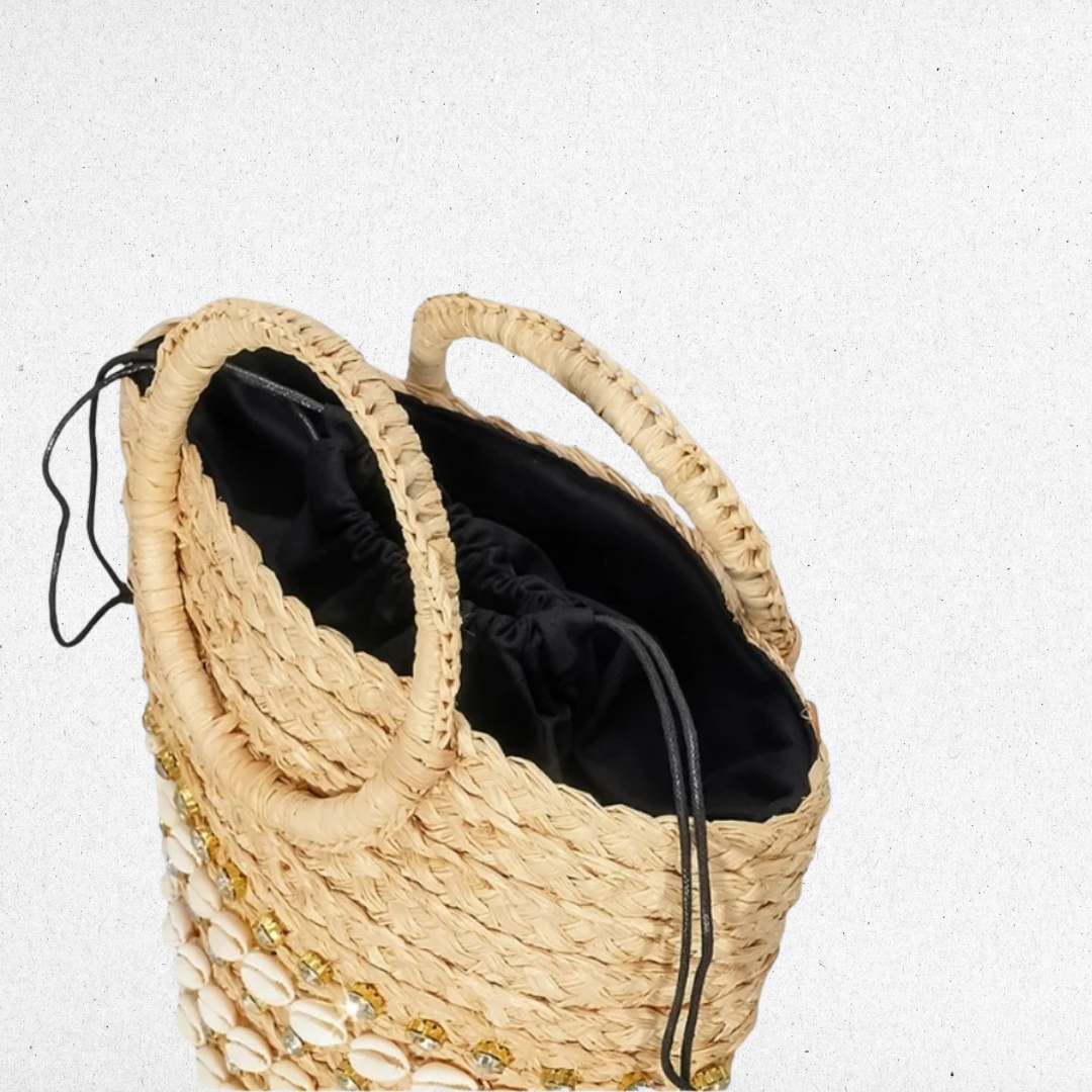 GOLDxTEAL gorgeous embellished raffia handbag. Raffia bag adorned with cowrie shells and rhinestones.