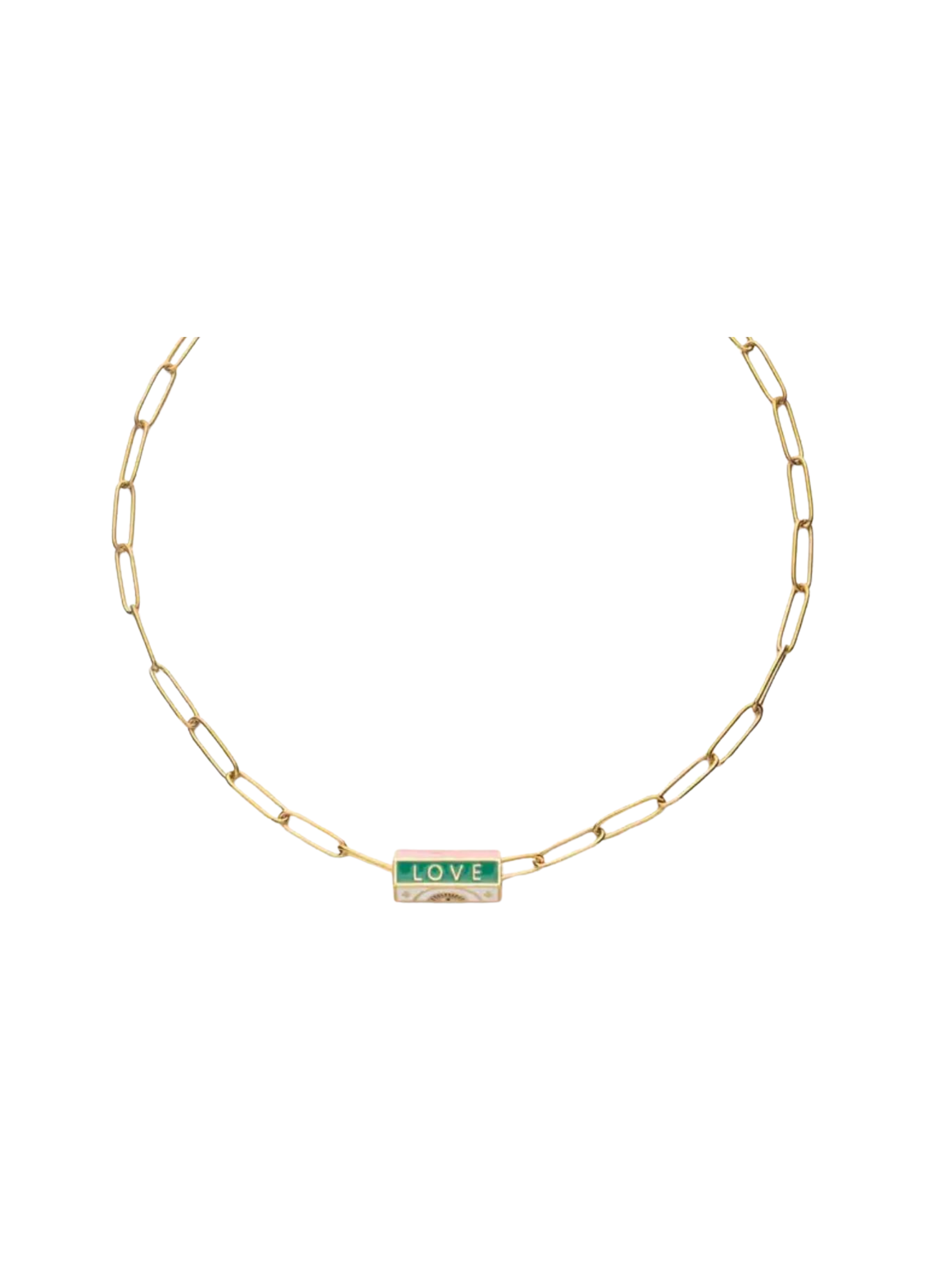 Gorgeous and fun vintage style enameled necklace. Chic gold plated paperclip chain topped with a hand engraved and hand enameled rolled pendant.