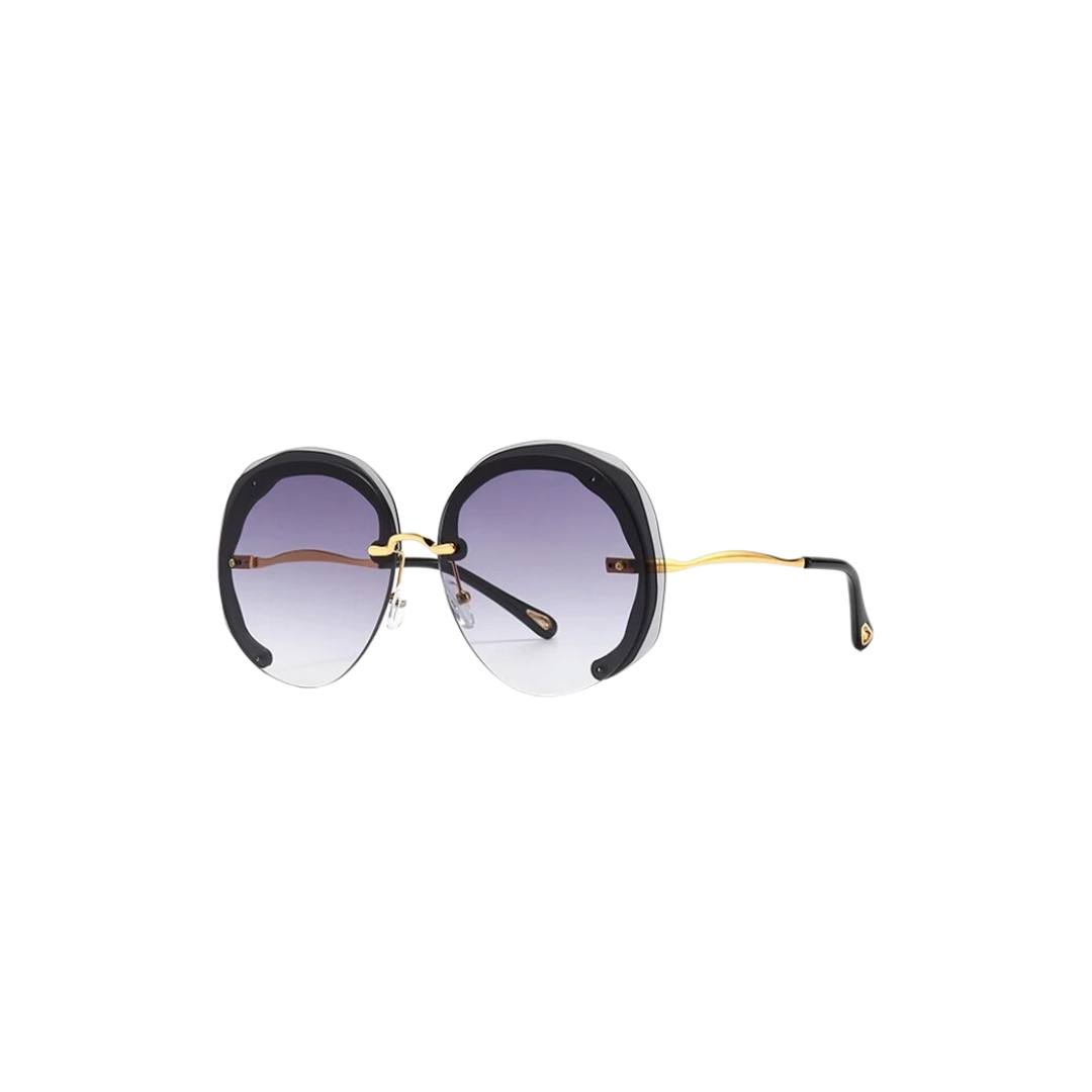 GOLDxTEAL black rimless oversized sunglasses.